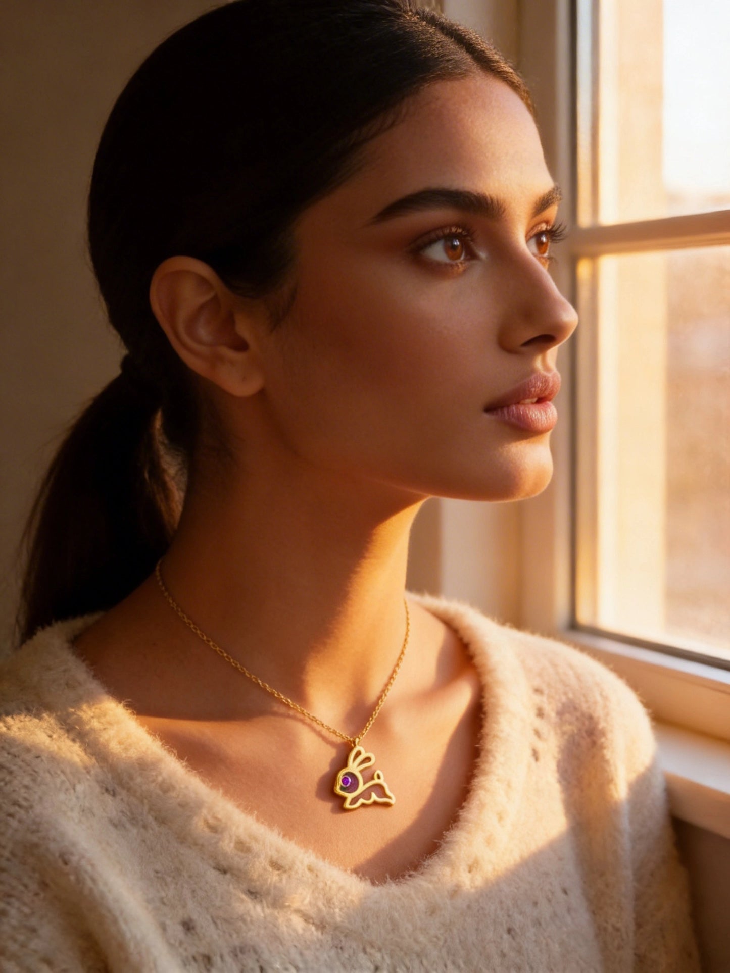 woman wearing a 18k gold plated necklace with a pendant, standing by a window with warm light.