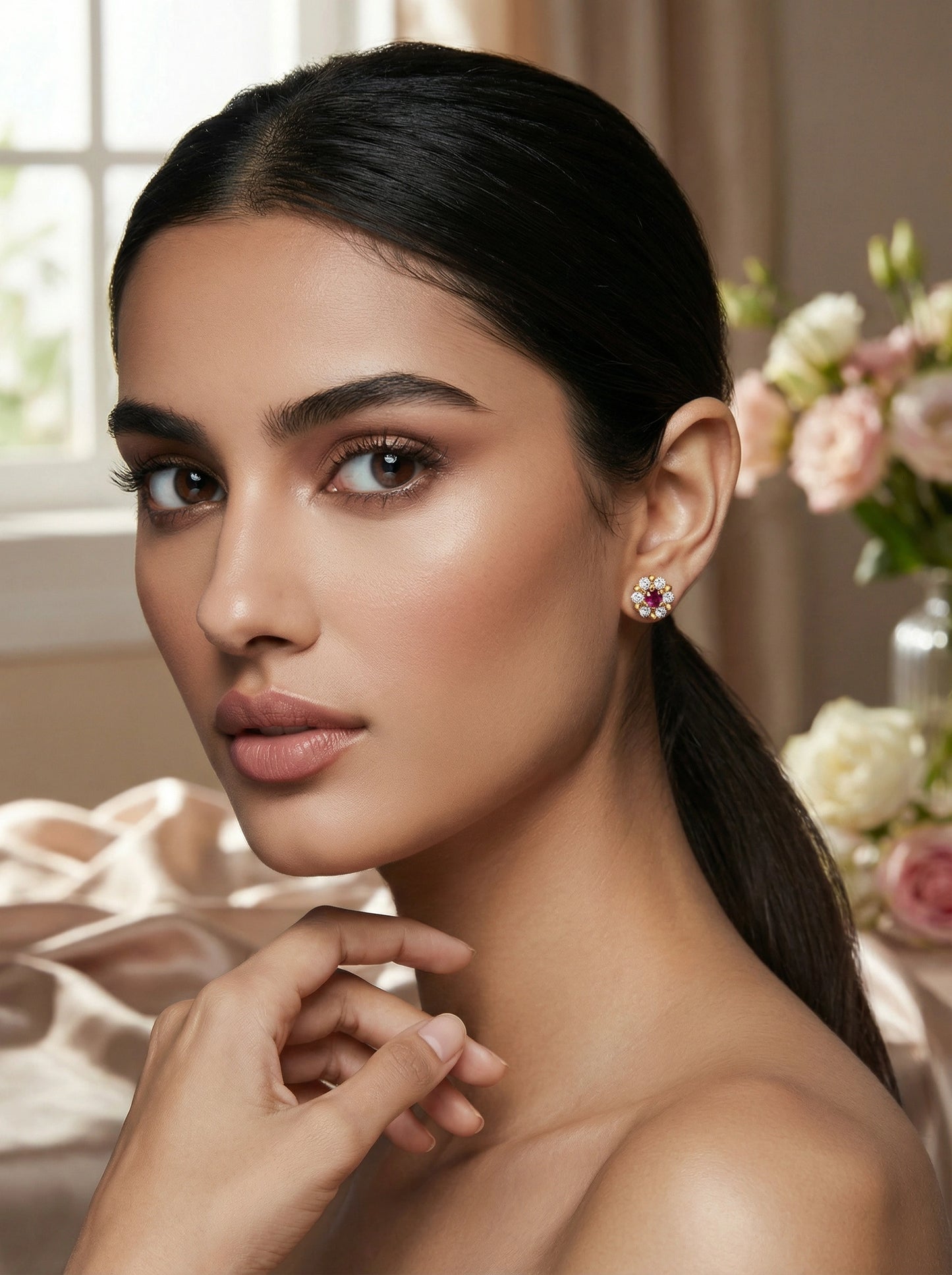 woman wearing 18k gold plated earrings with a soft focus background