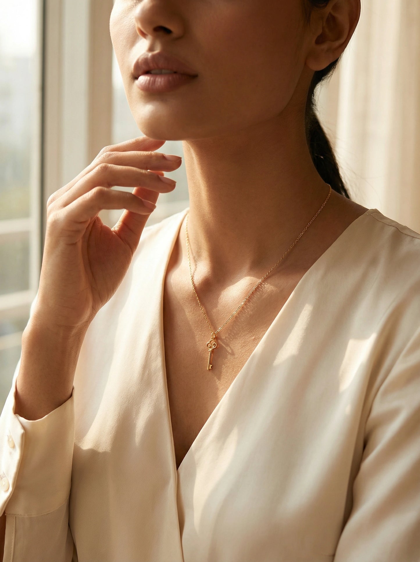 woman wearing a delicate 18k gold plated necklace in a softly lit room