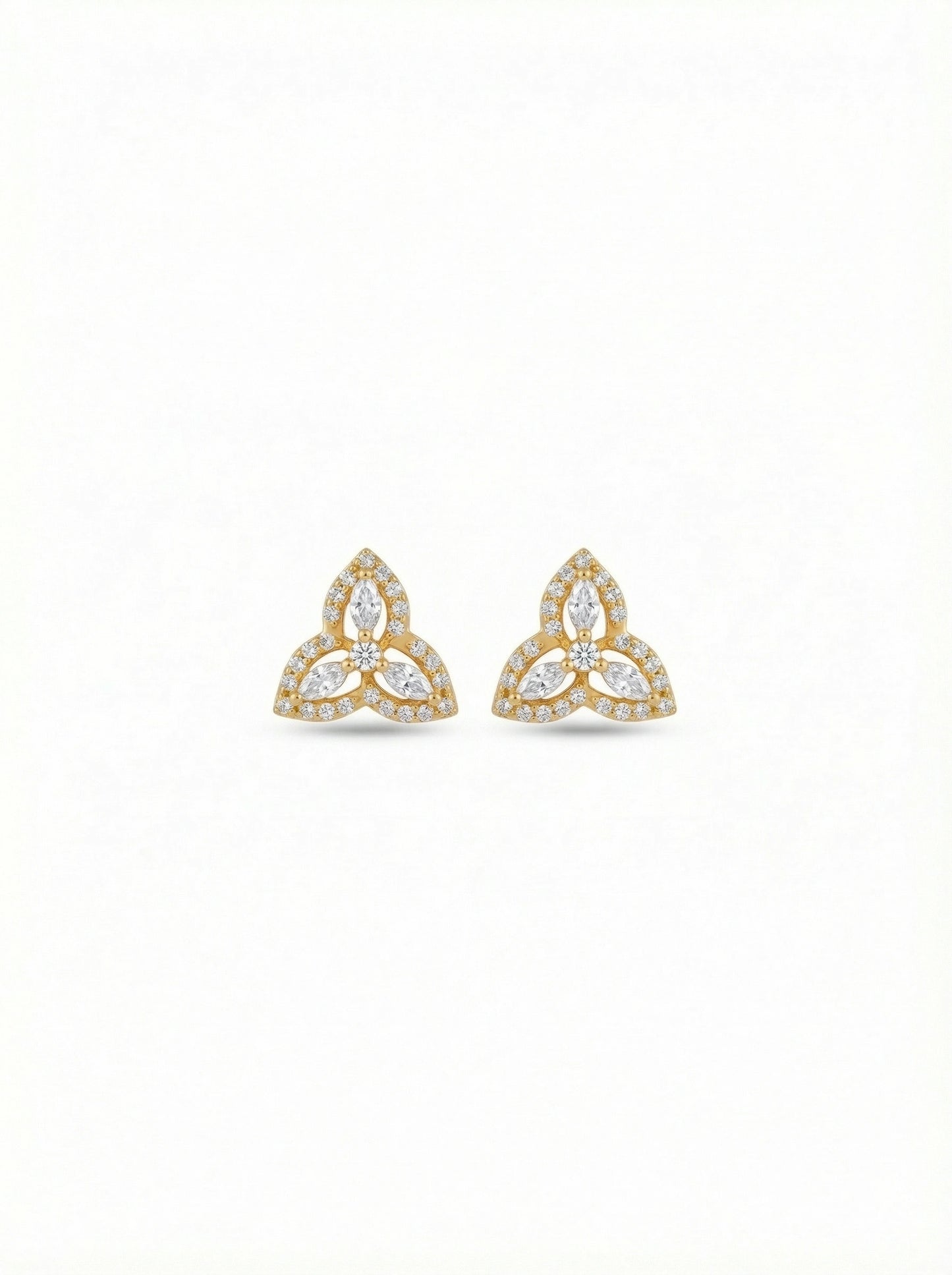 pair of 18k gold plated trinity knot earrings on a white background