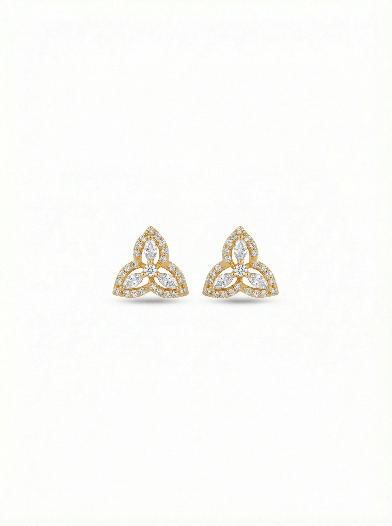 Pair of 18k gold plated Trinity knot earrings on a white background