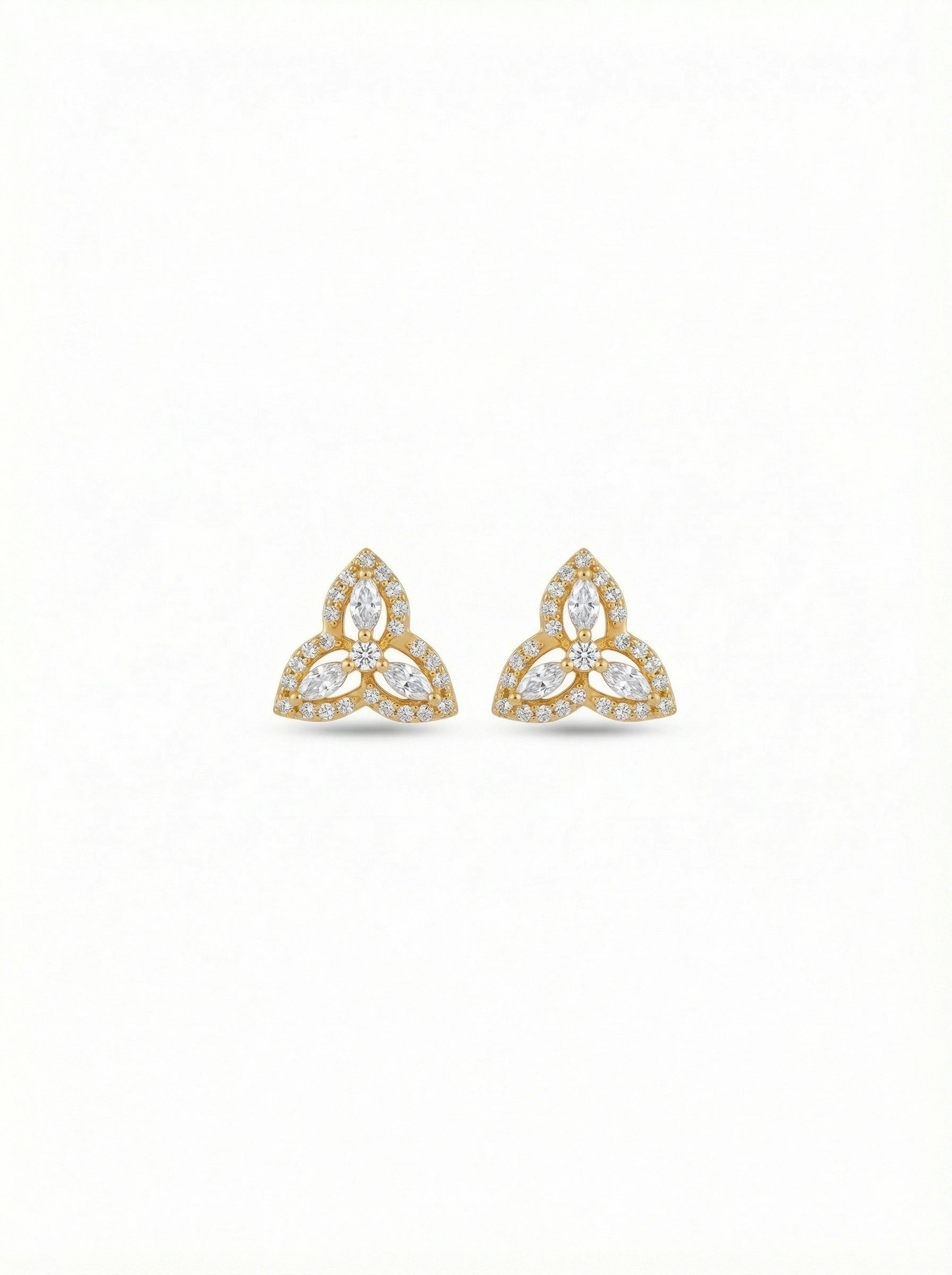 Pair of 18k gold plated Trinity knot earrings on a white background