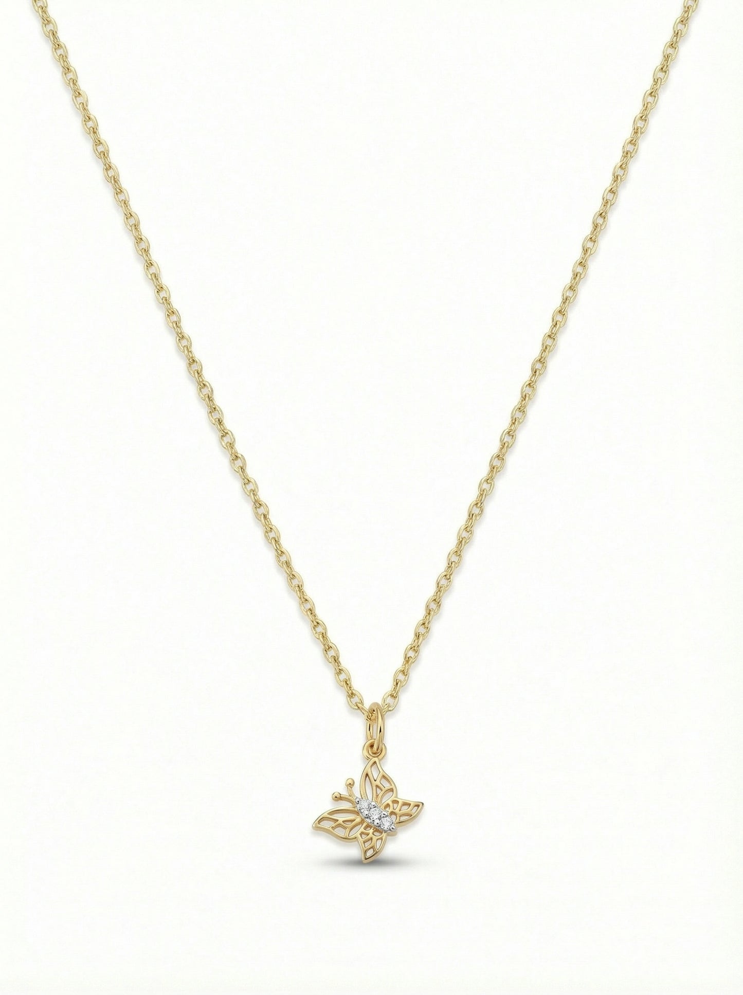 18k gold plated butterfly necklace on a white background