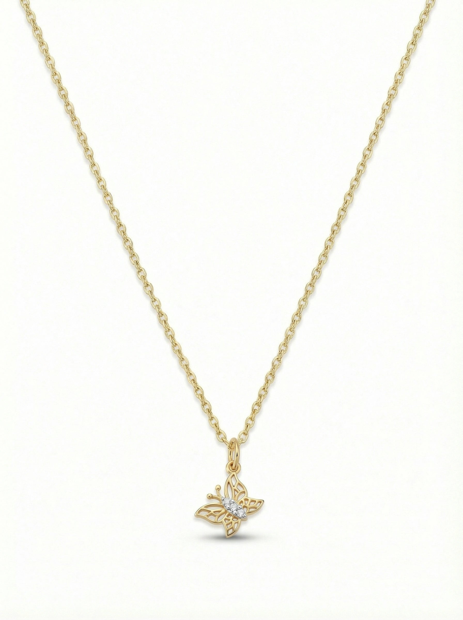 18k Gold plated butterfly necklace on a white background