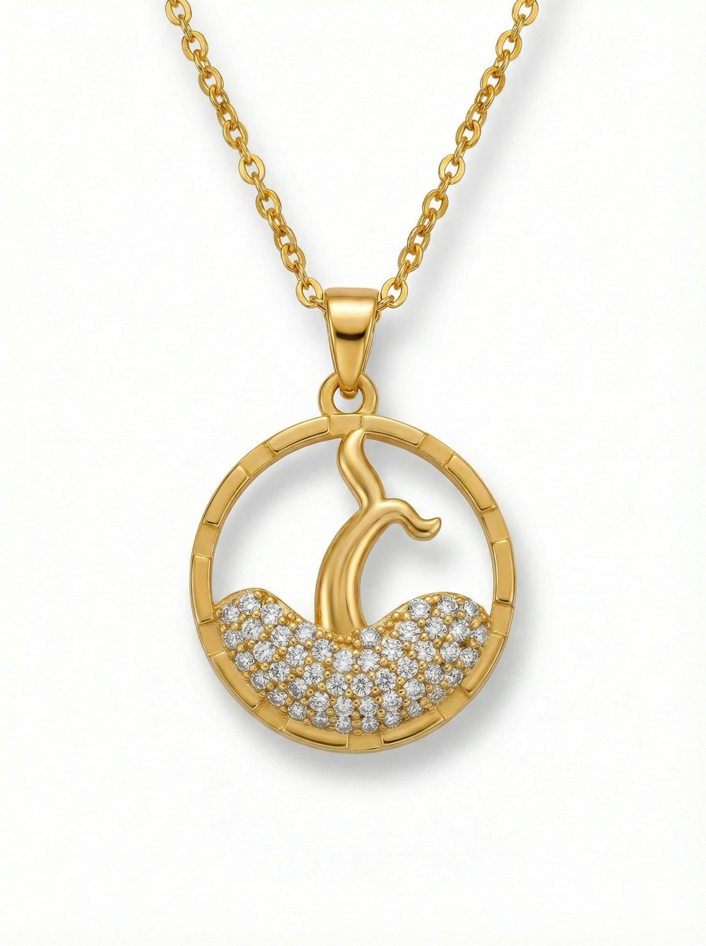 18k gold plated necklace with a circular pendant featuring a design of a woman and child, set against a white background.