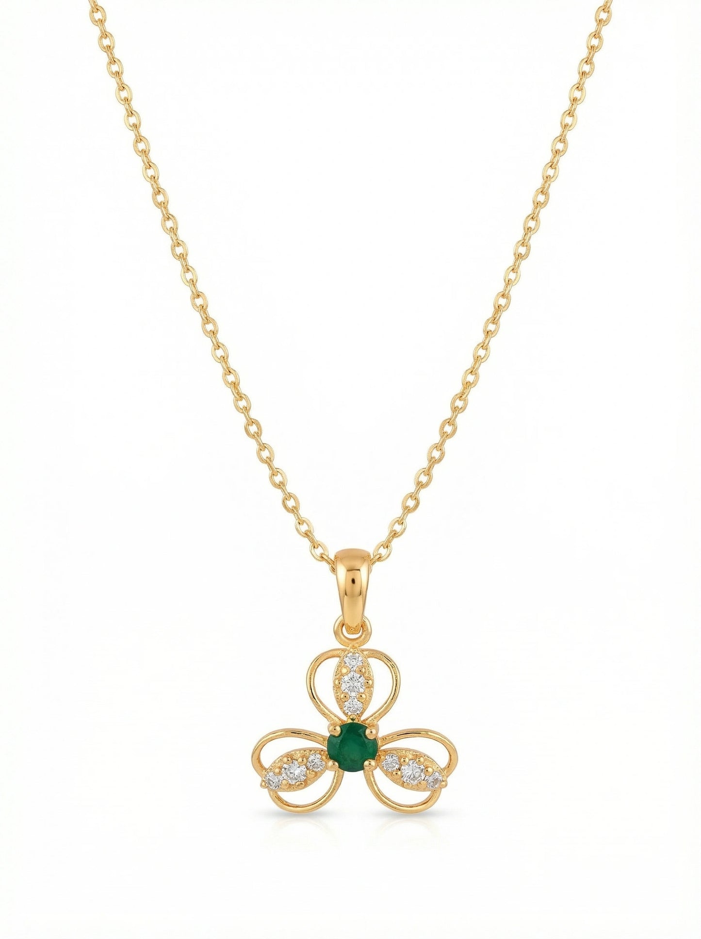 18k gold plated necklace with a clover-shaped pendant featuring a green gemstone on a white background