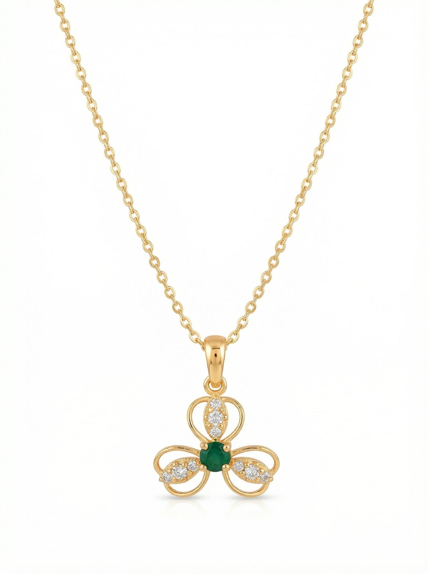 18k Gold plated necklace with a clover-shaped pendant featuring a green gemstone on a white background
