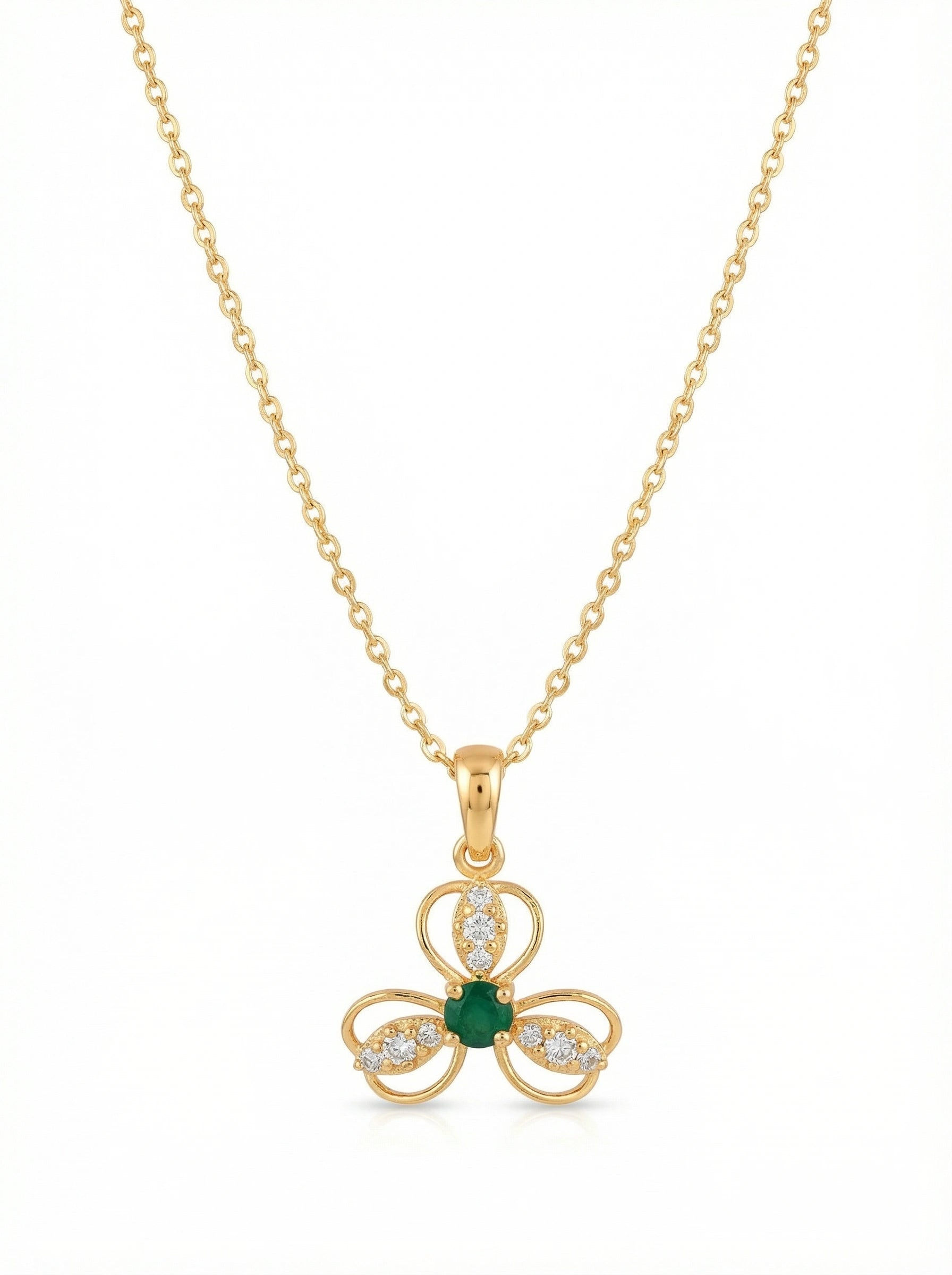 18k Gold plated necklace with a clover-shaped pendant featuring a green gemstone on a white background