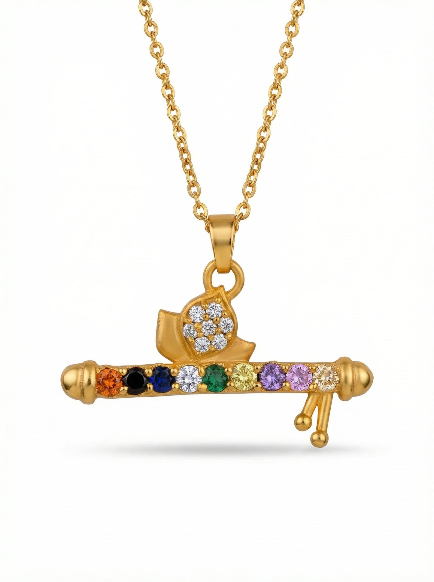 18k gold plated necklace with a pendant featuring colorful gemstones on a white background