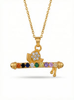 18k Gold plated necklace with a pendant featuring colorful gemstones on a white background