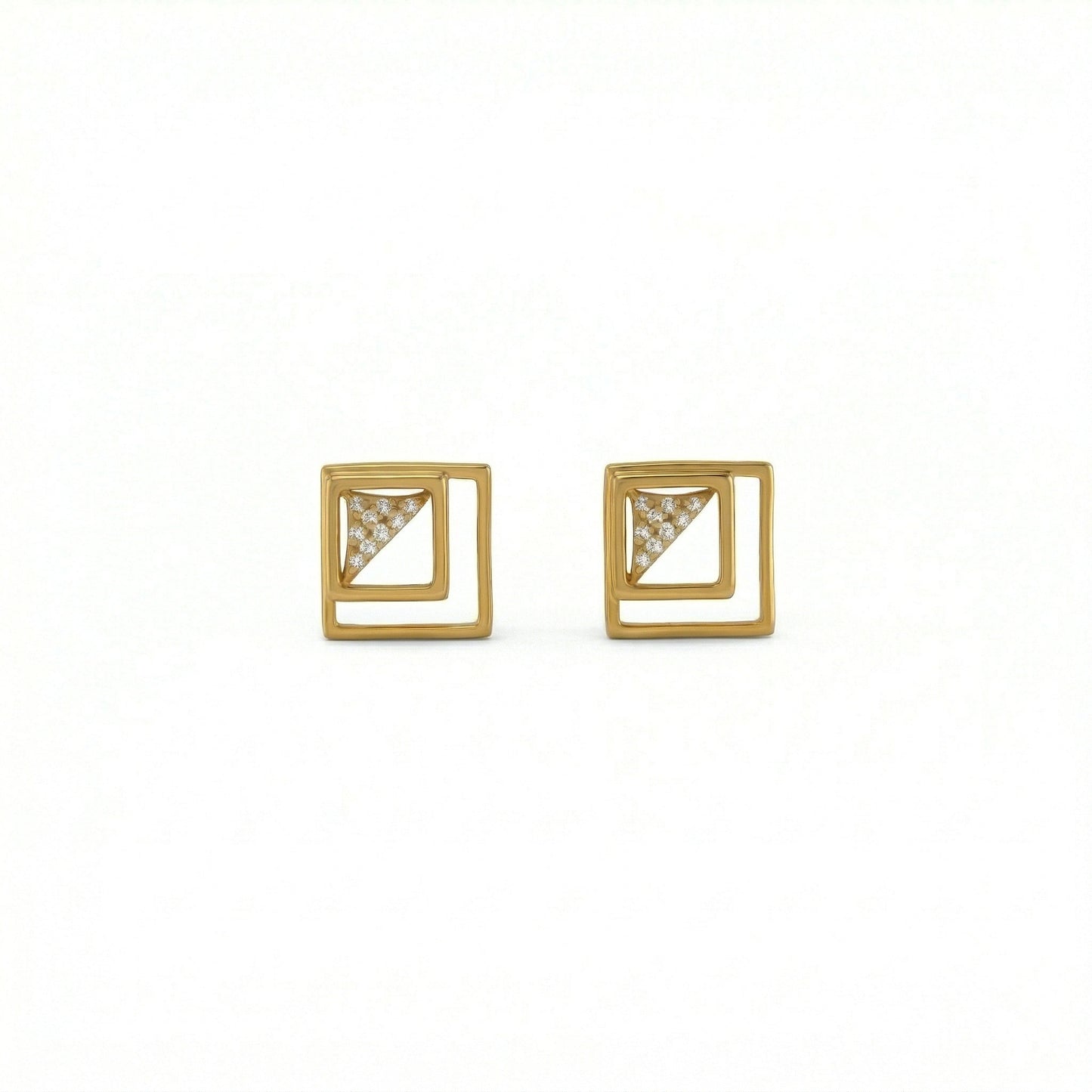 18k gold plated square earrings with diamond accents on a white background