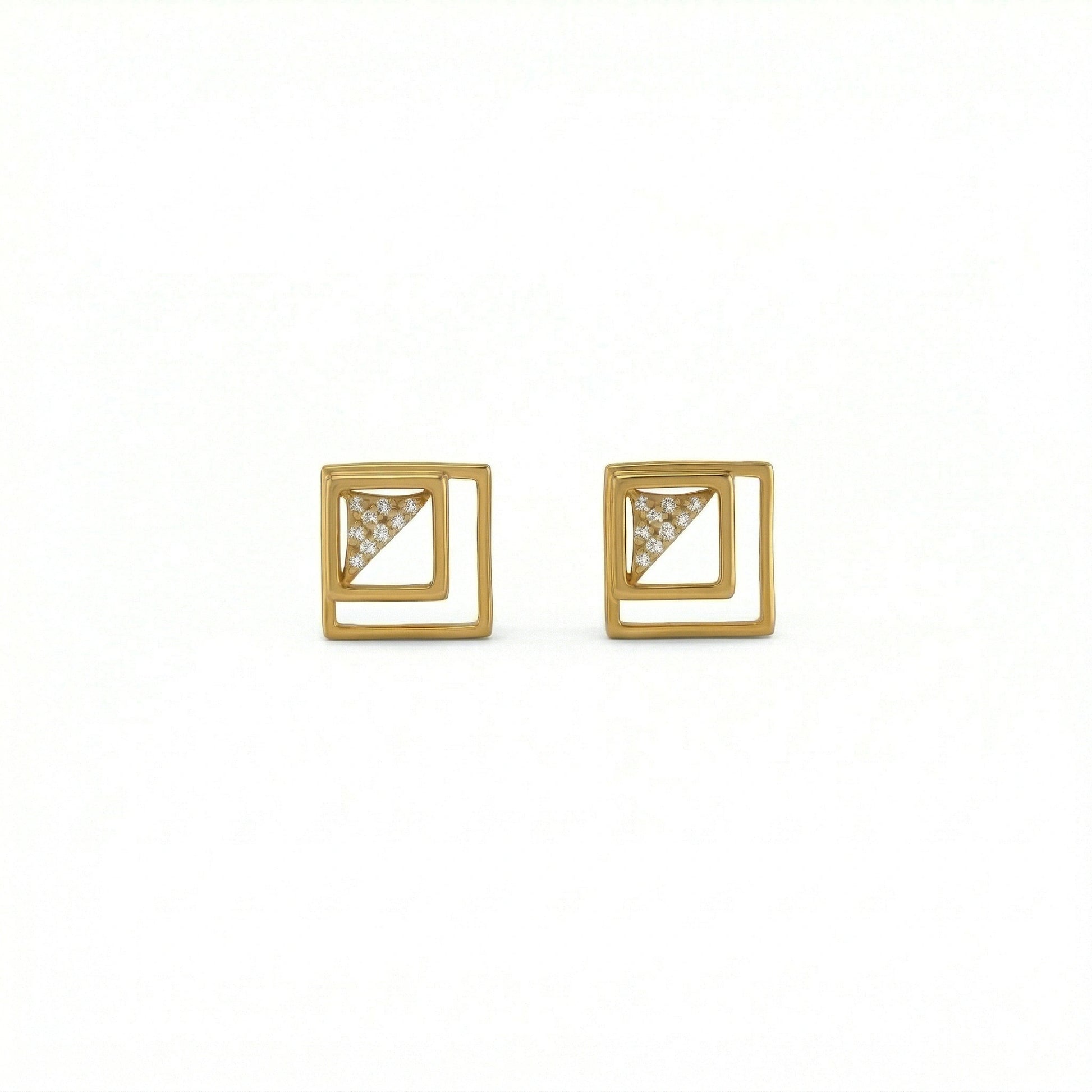 18k Gold plated square earrings with diamond accents on a white background