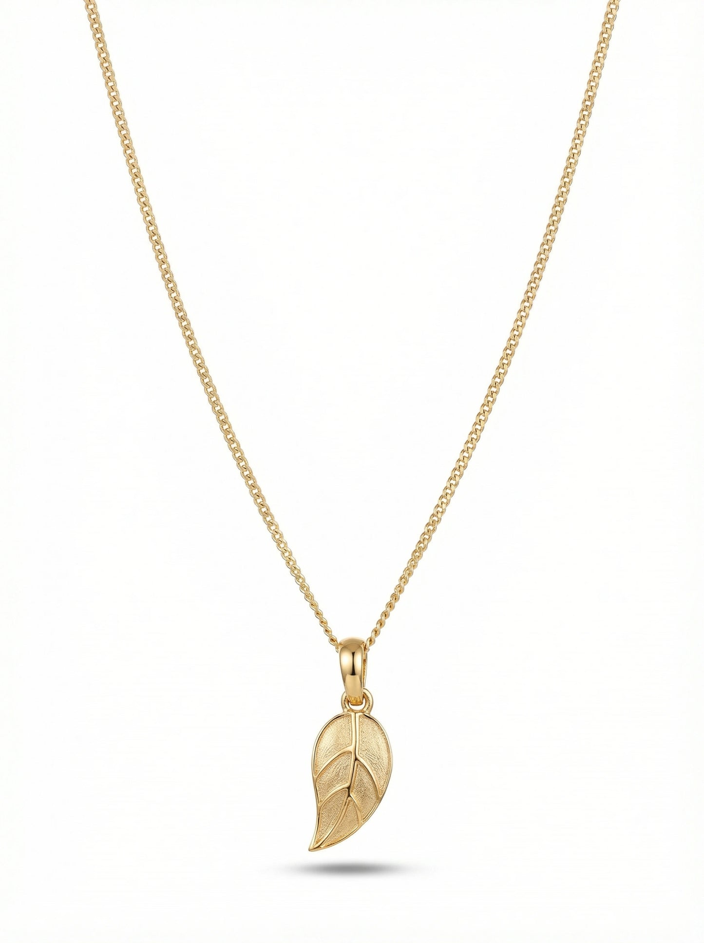18k gold plated leaf pendant necklace on a white background
