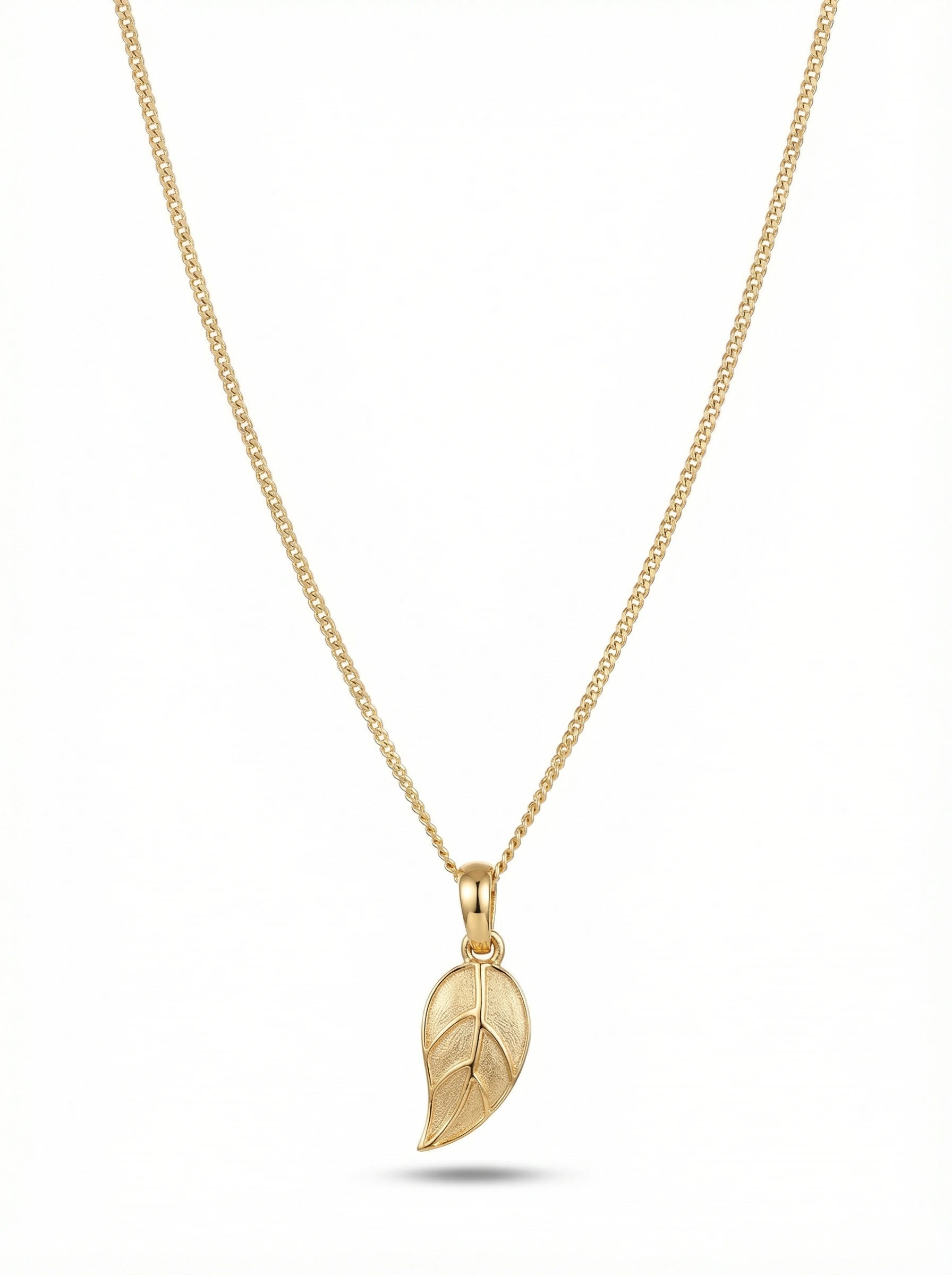 18k Gold plated leaf pendant necklace on a white background