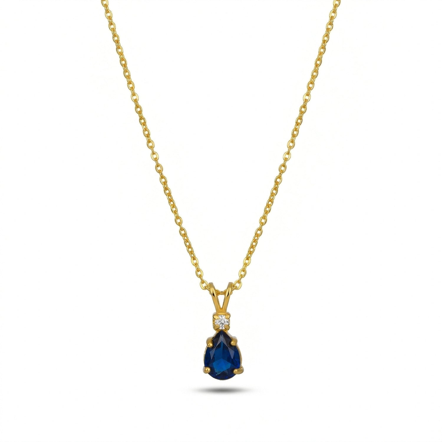 18k Gold plated necklace with a blue teardrop pendant on a white background