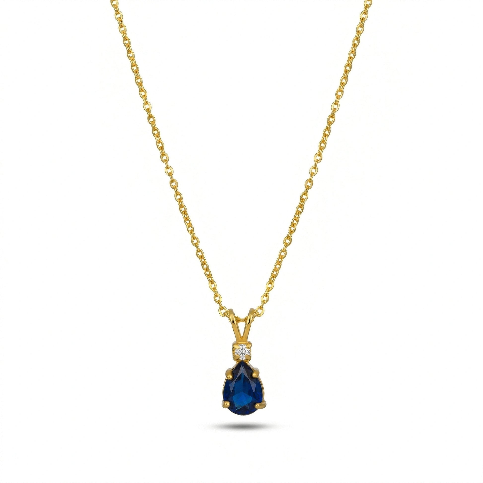18k Gold plated necklace with a blue teardrop pendant on a white background