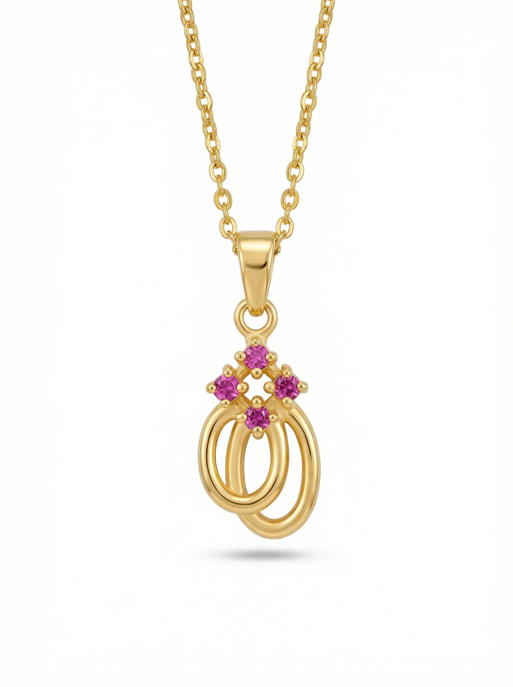 18k Gold plated necklace with a pendant featuring pink gemstones on a white background