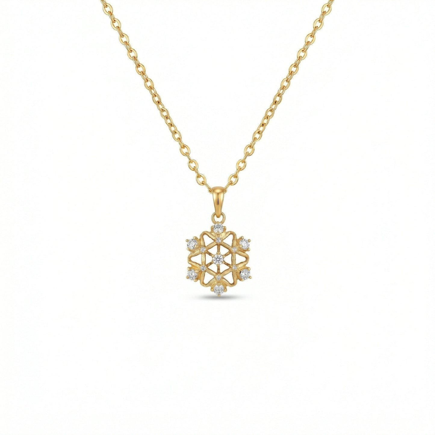 18k gold plated necklace with a snowflake-shaped pendant on a white background