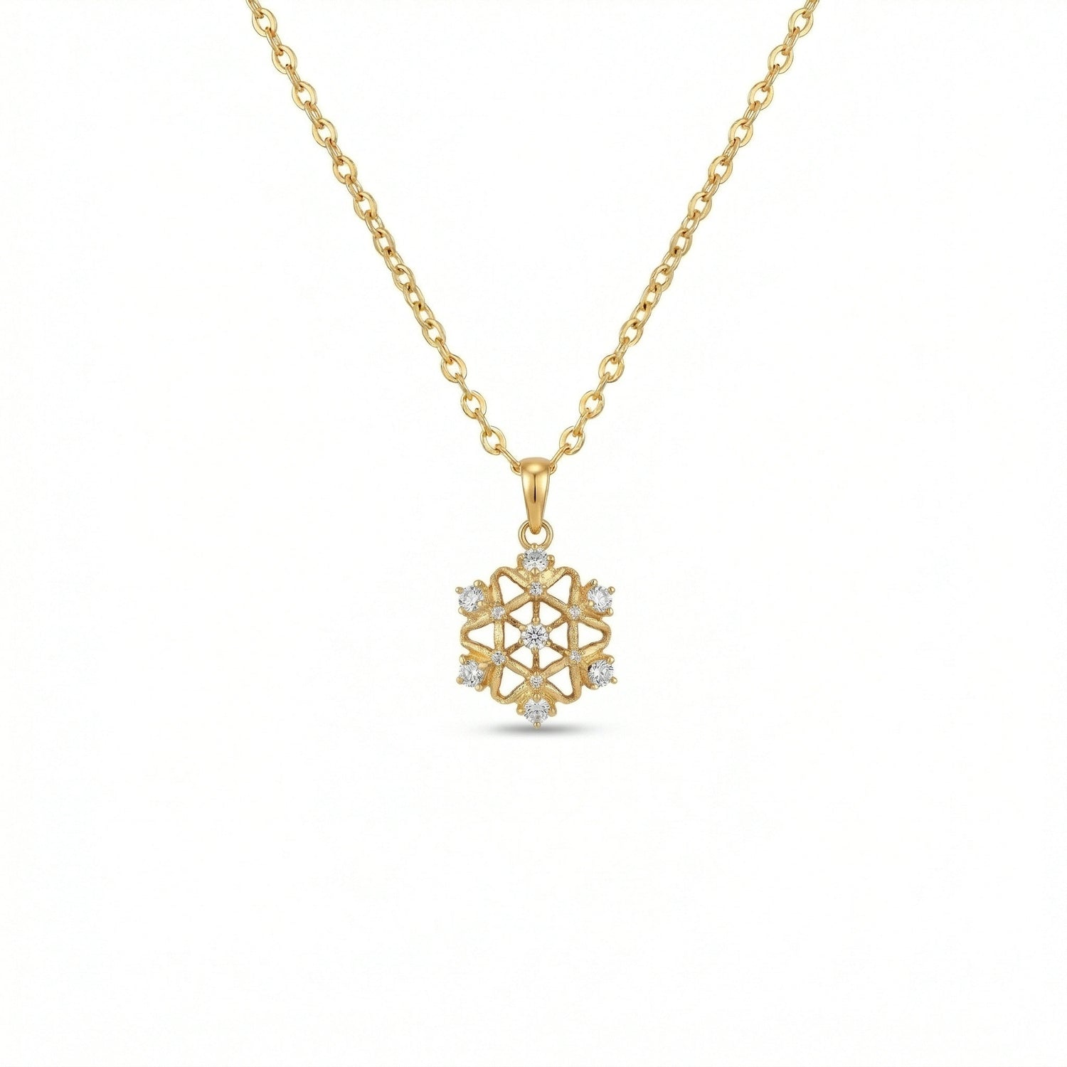 18k Gold plated necklace with a snowflake-shaped pendant on a white background