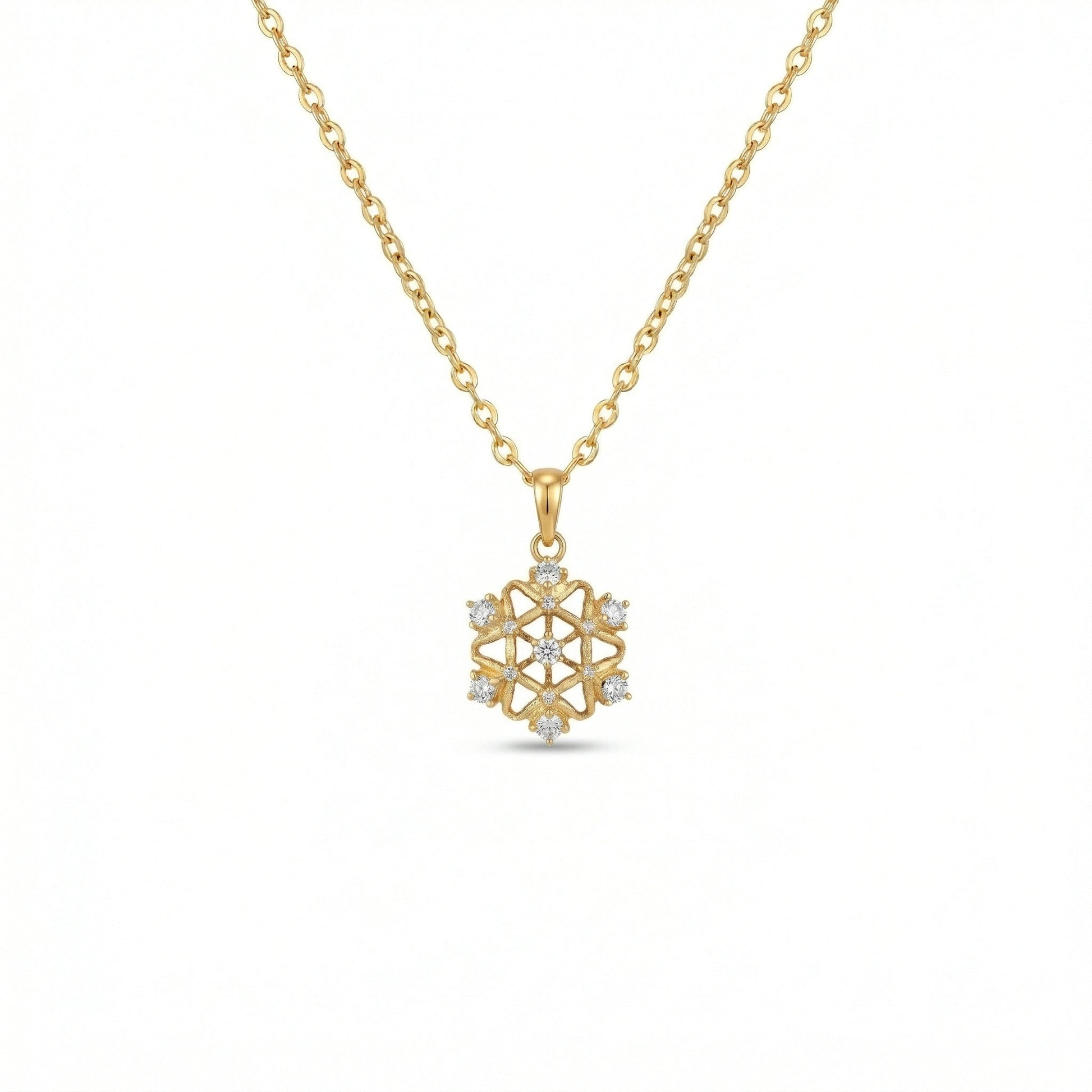 18k Gold plated necklace with a snowflake-shaped pendant on a white background