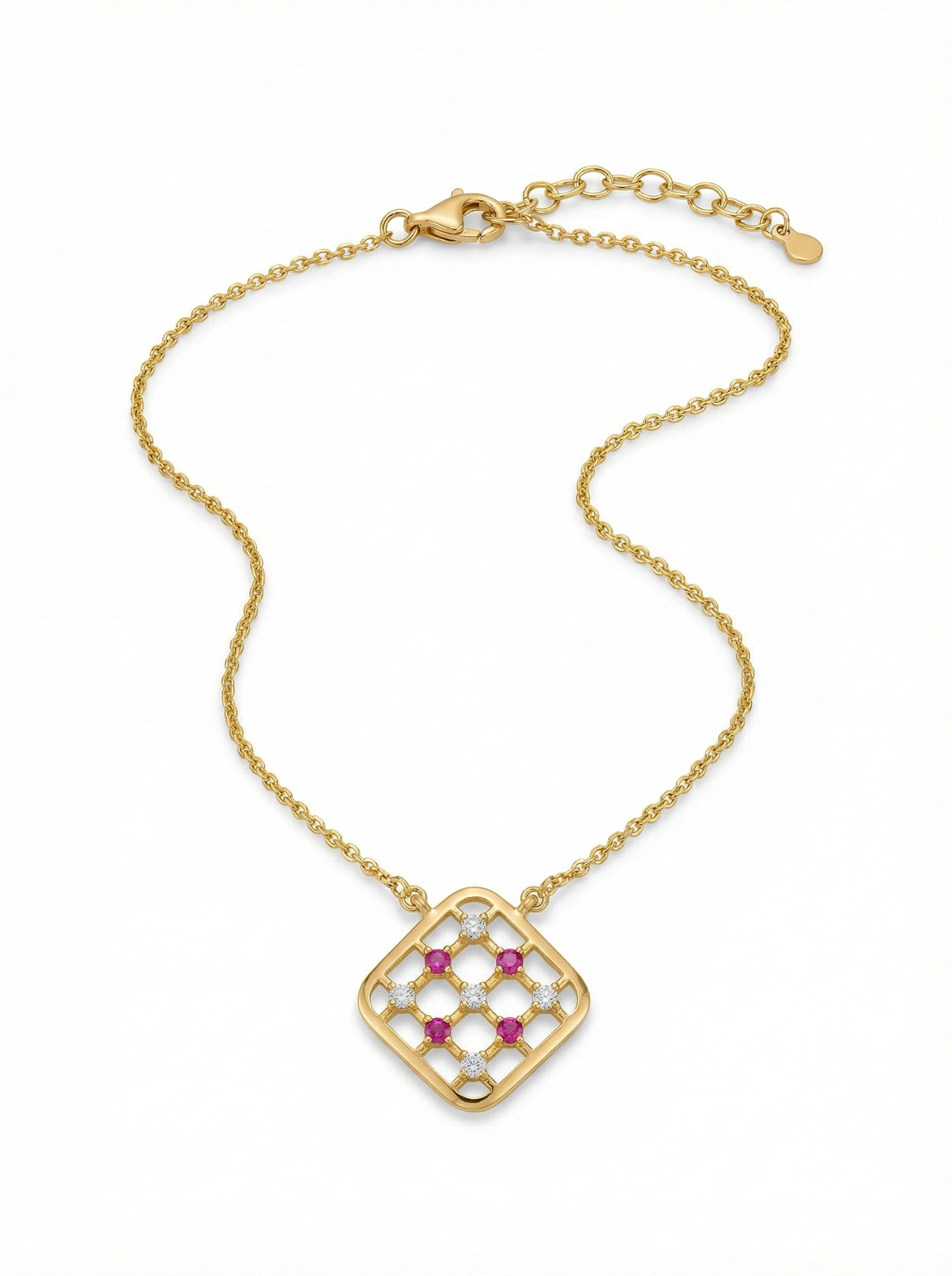 18k Gold plated necklace with a square pendant featuring gemstones on a white background