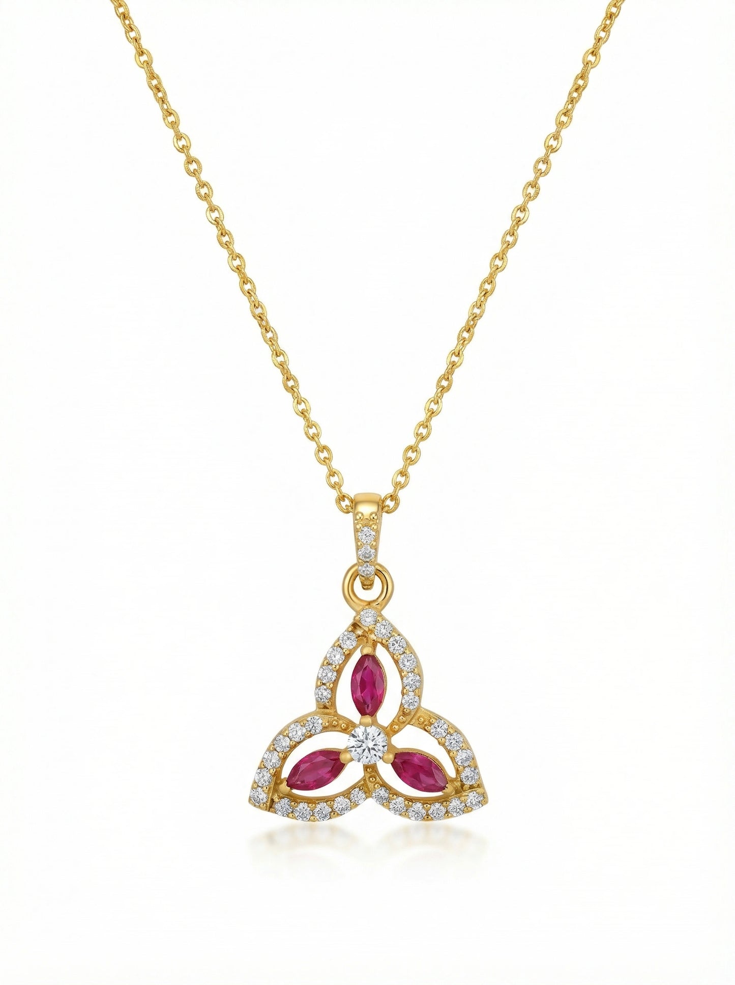 18k gold plated necklace with a triangular pendant featuring red stones and diamonds on a white background