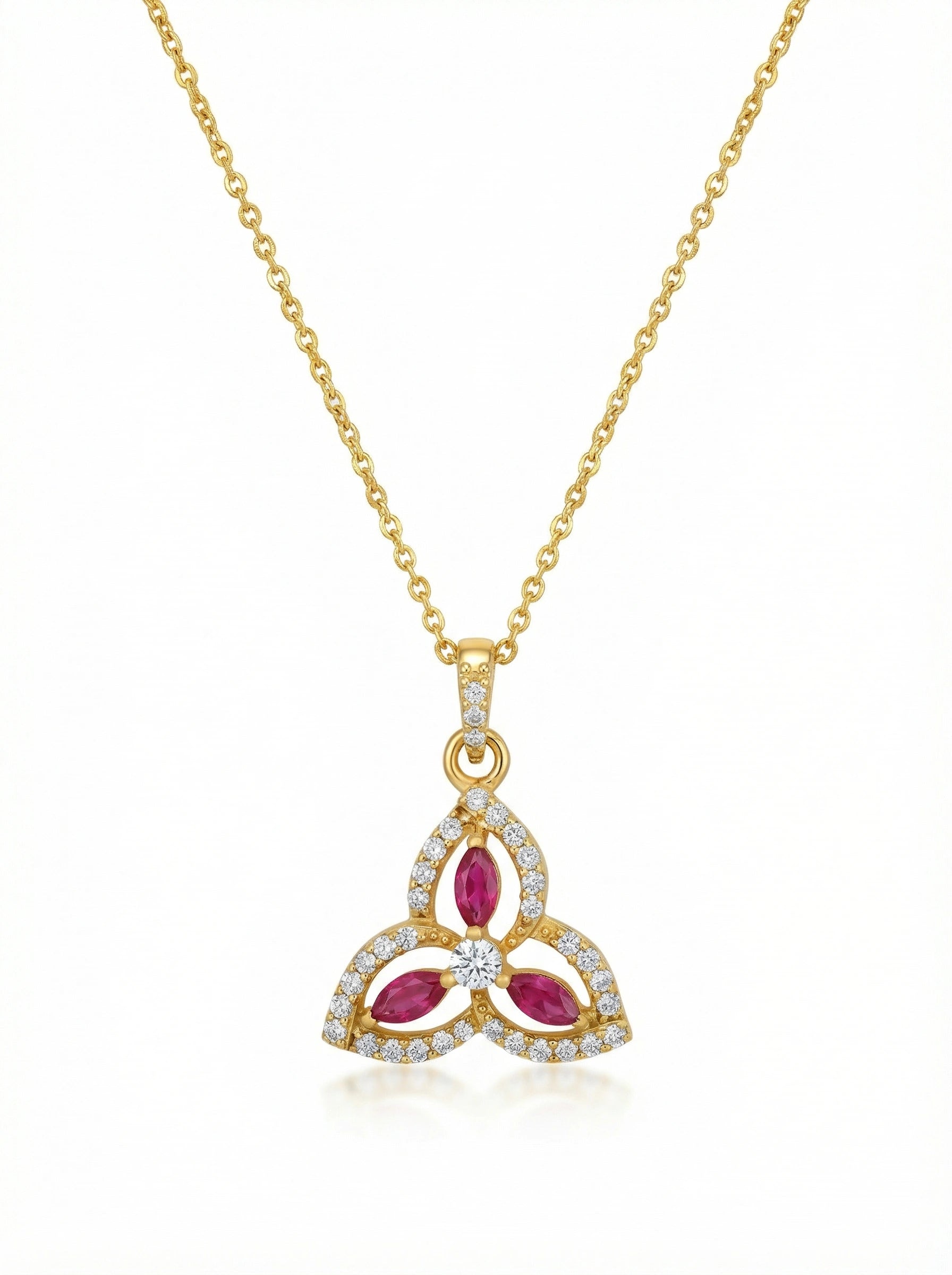 18k Gold plated necklace with a triangular pendant featuring red stones and diamonds on a white background