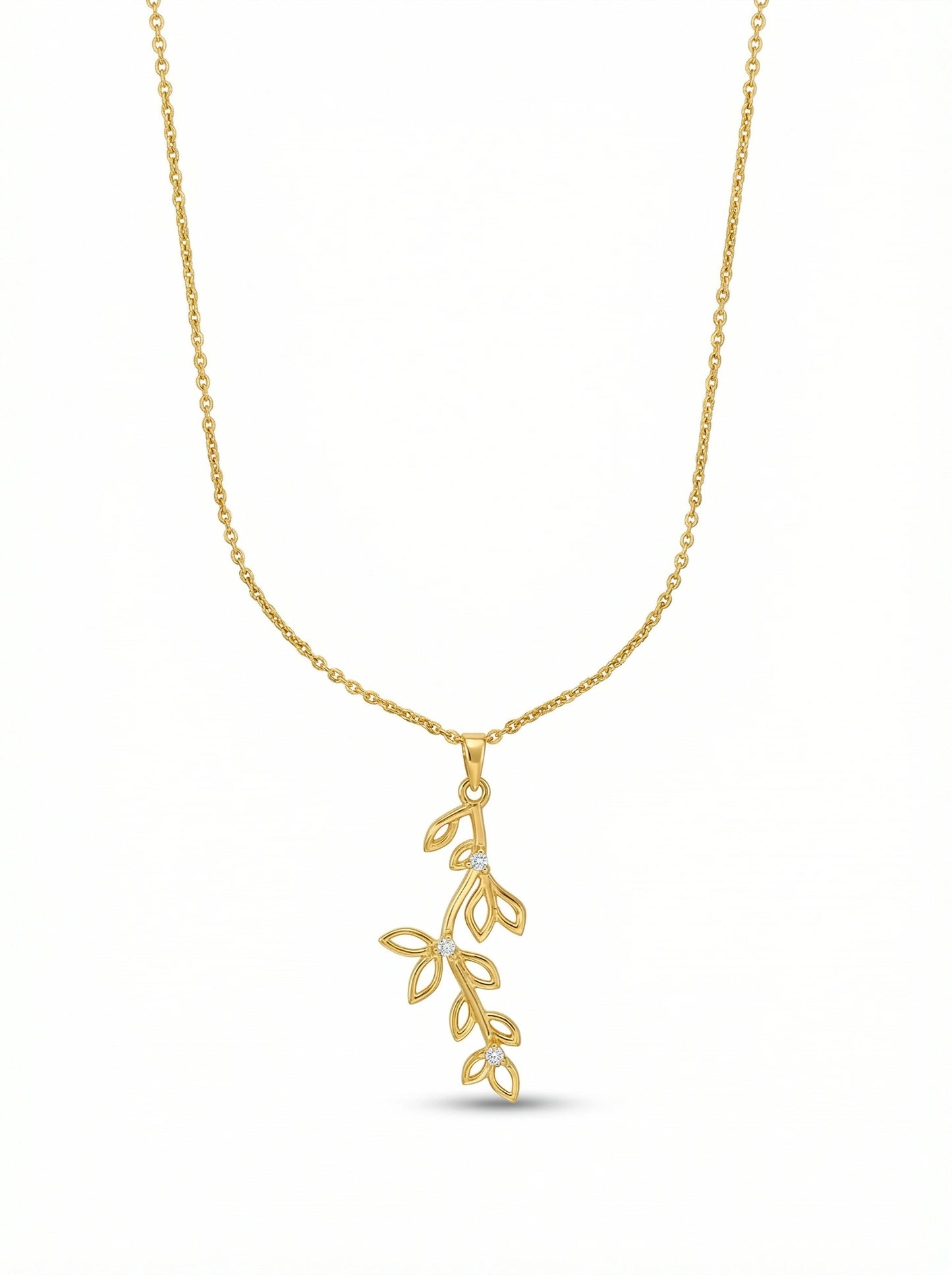 18k gold plated necklace with a leaf-shaped pendant on a white background