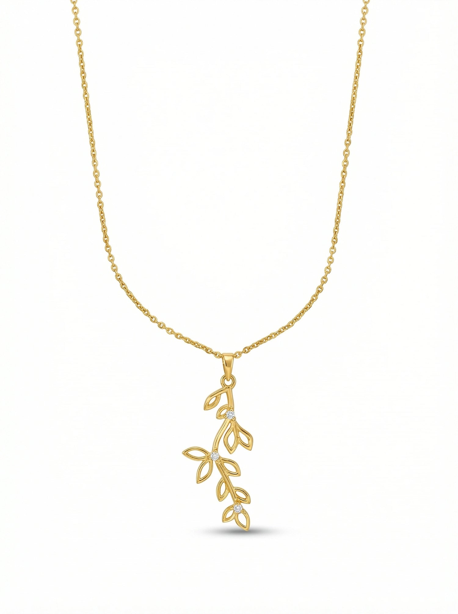 18k Gold plated necklace with a leaf-shaped pendant on a white background