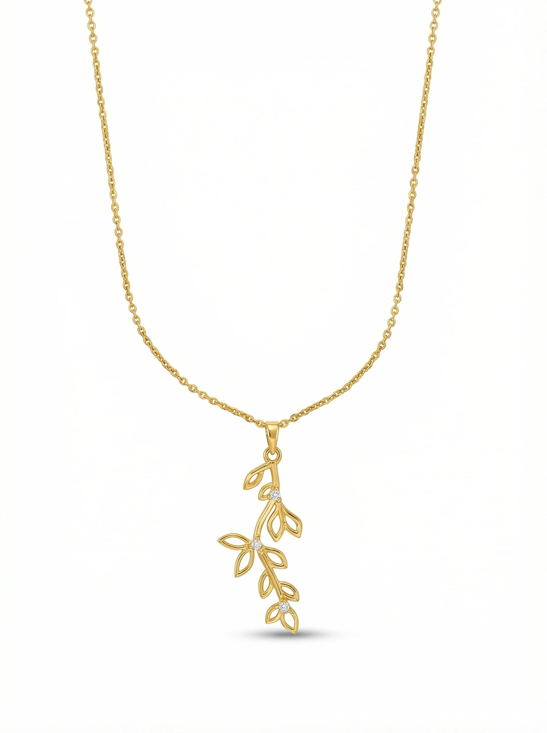 18k Gold plated necklace with a leaf-shaped pendant on a white background