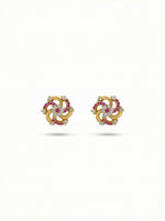 Pair of 18k gold plated earrings with gemstones on a white background