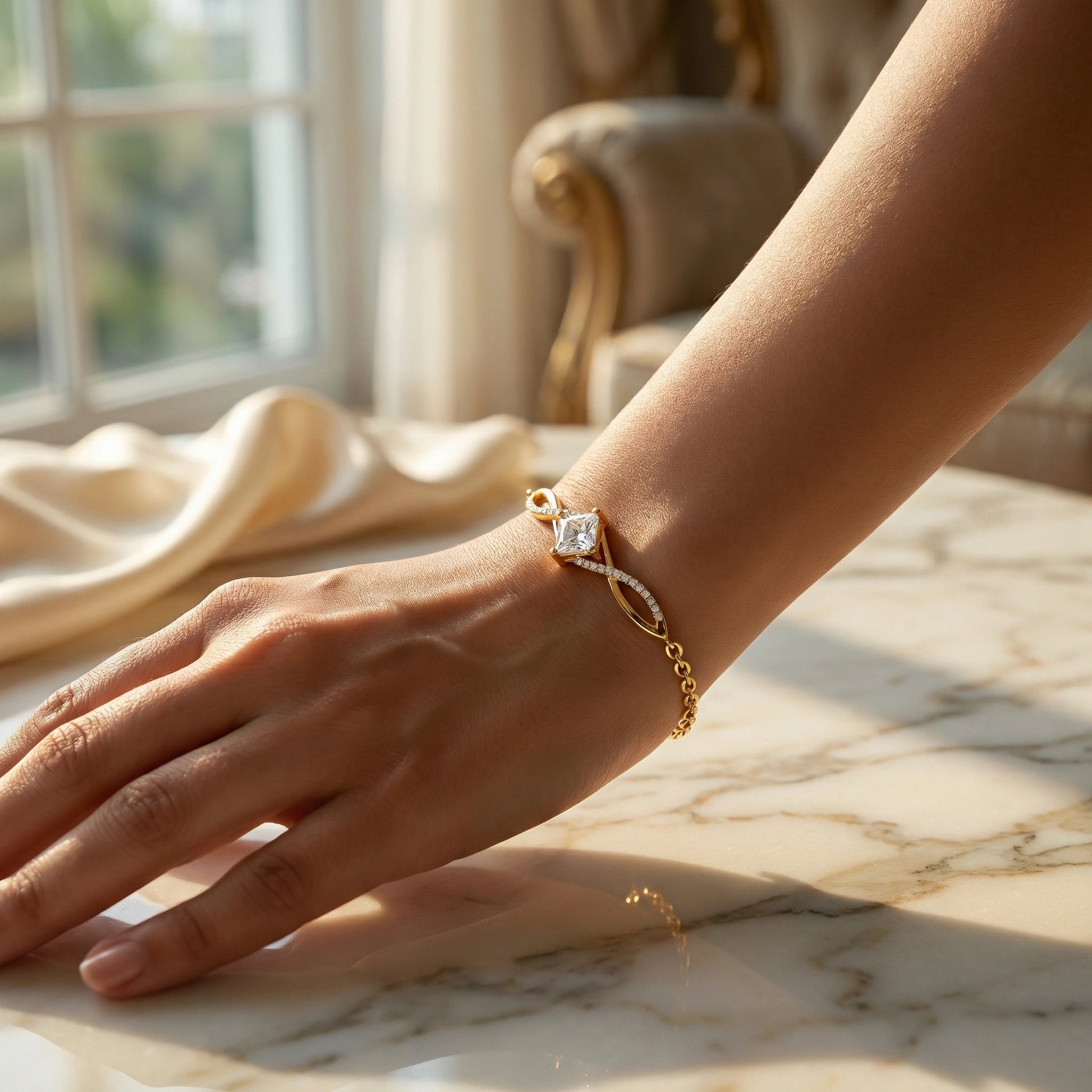 18k Gold plated bracelet with a diamond on a wrist against a blurred indoor background