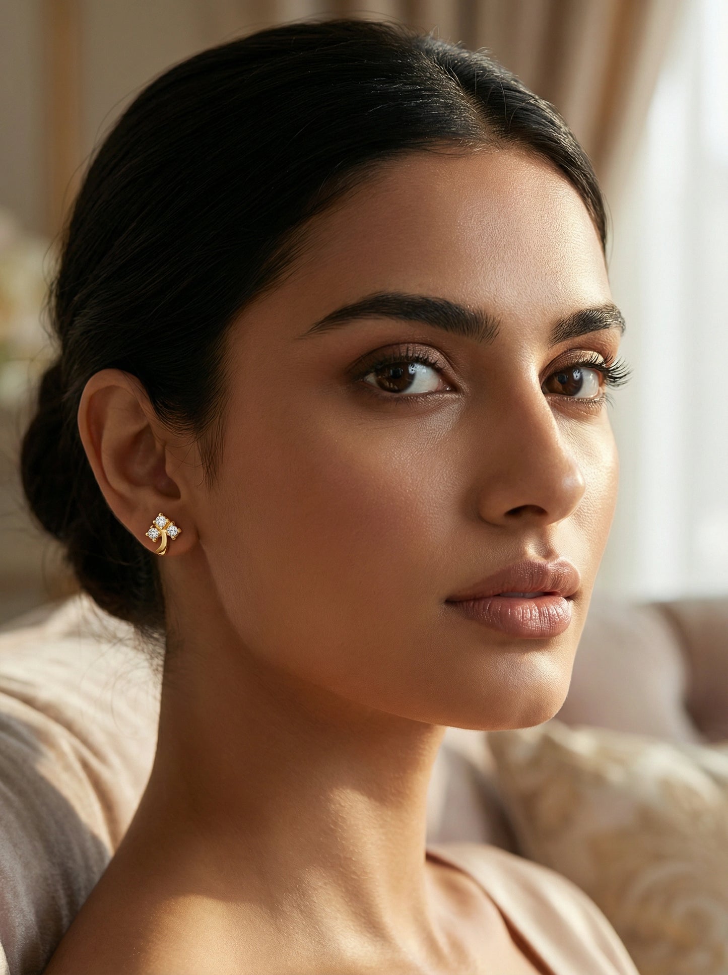 woman wearing a 18k  gold plated earring in a softly lit room