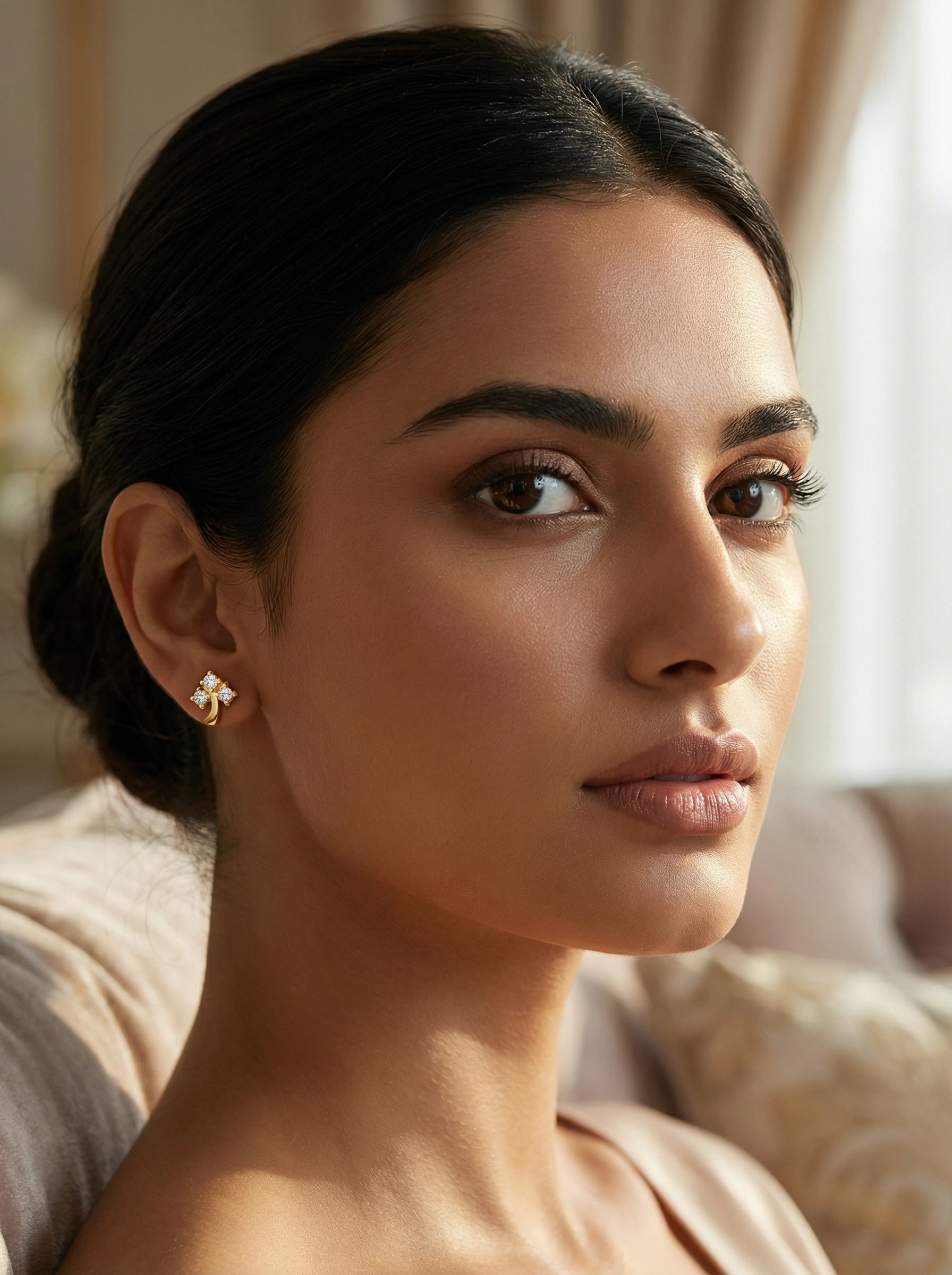 Woman wearing a 18k  gold plated earring in a softly lit room
