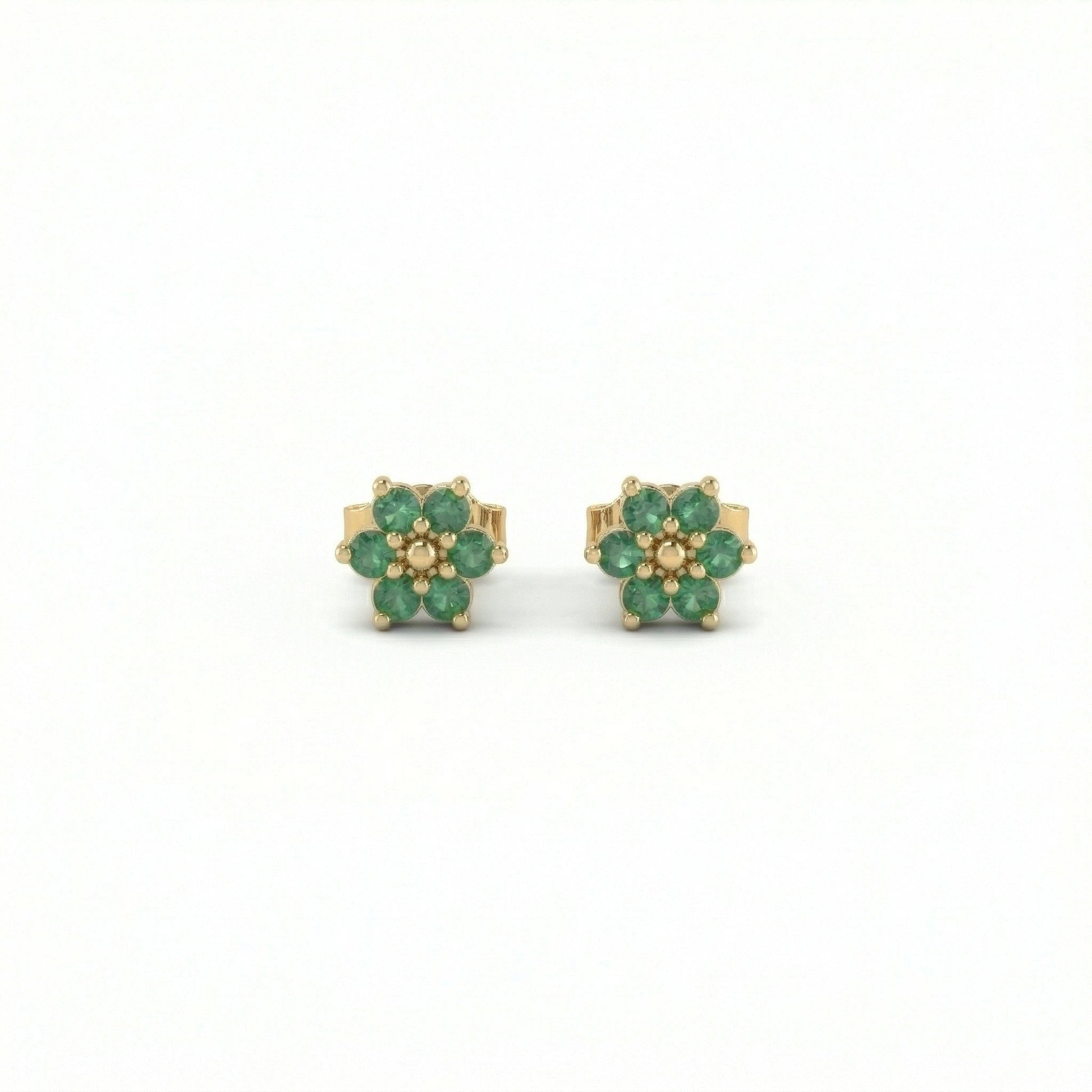 18k Gold plate earrings with green gemstones on a white background