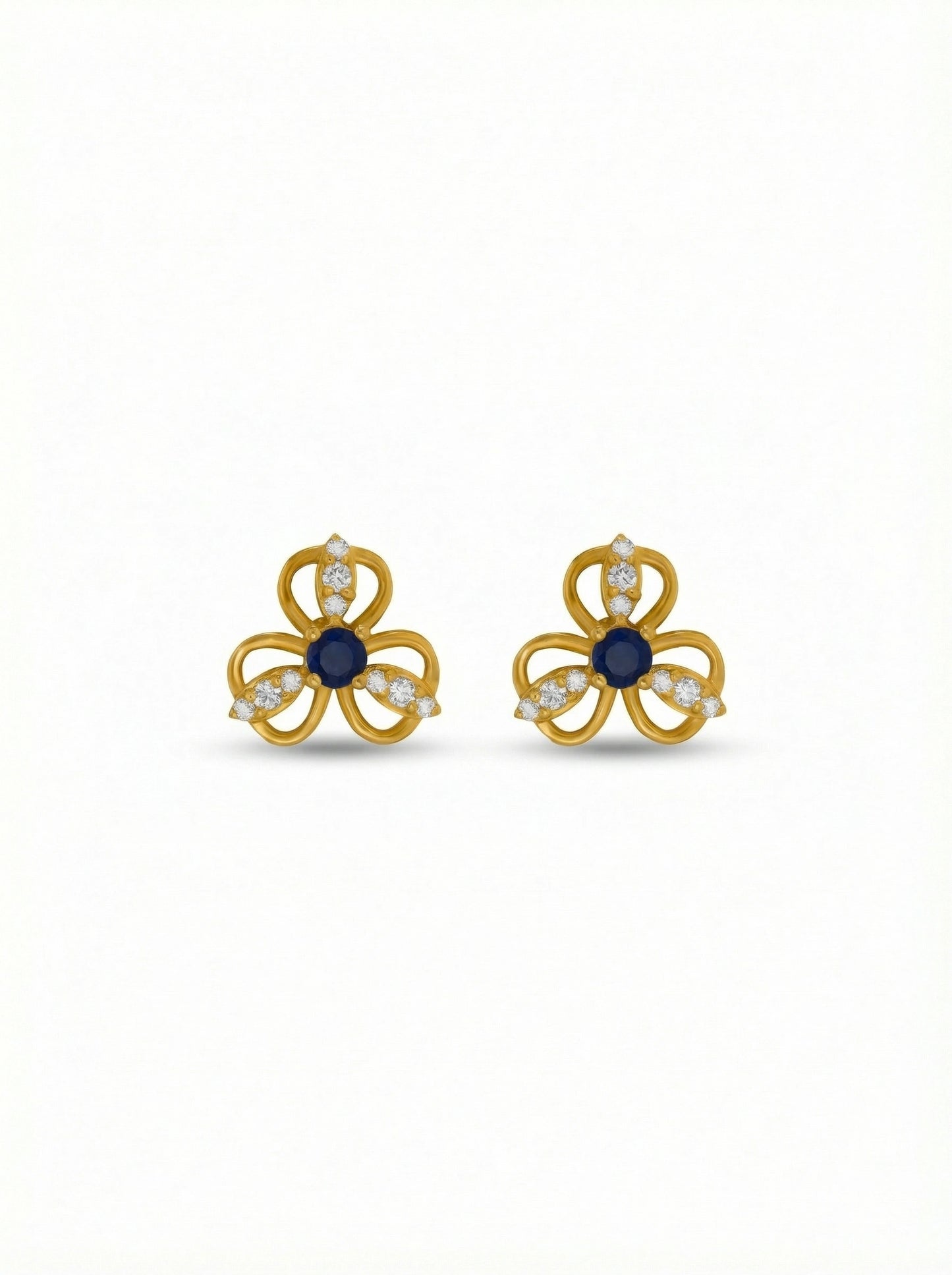 18k gold plated flower-shaped earrings with blue centers on a white background