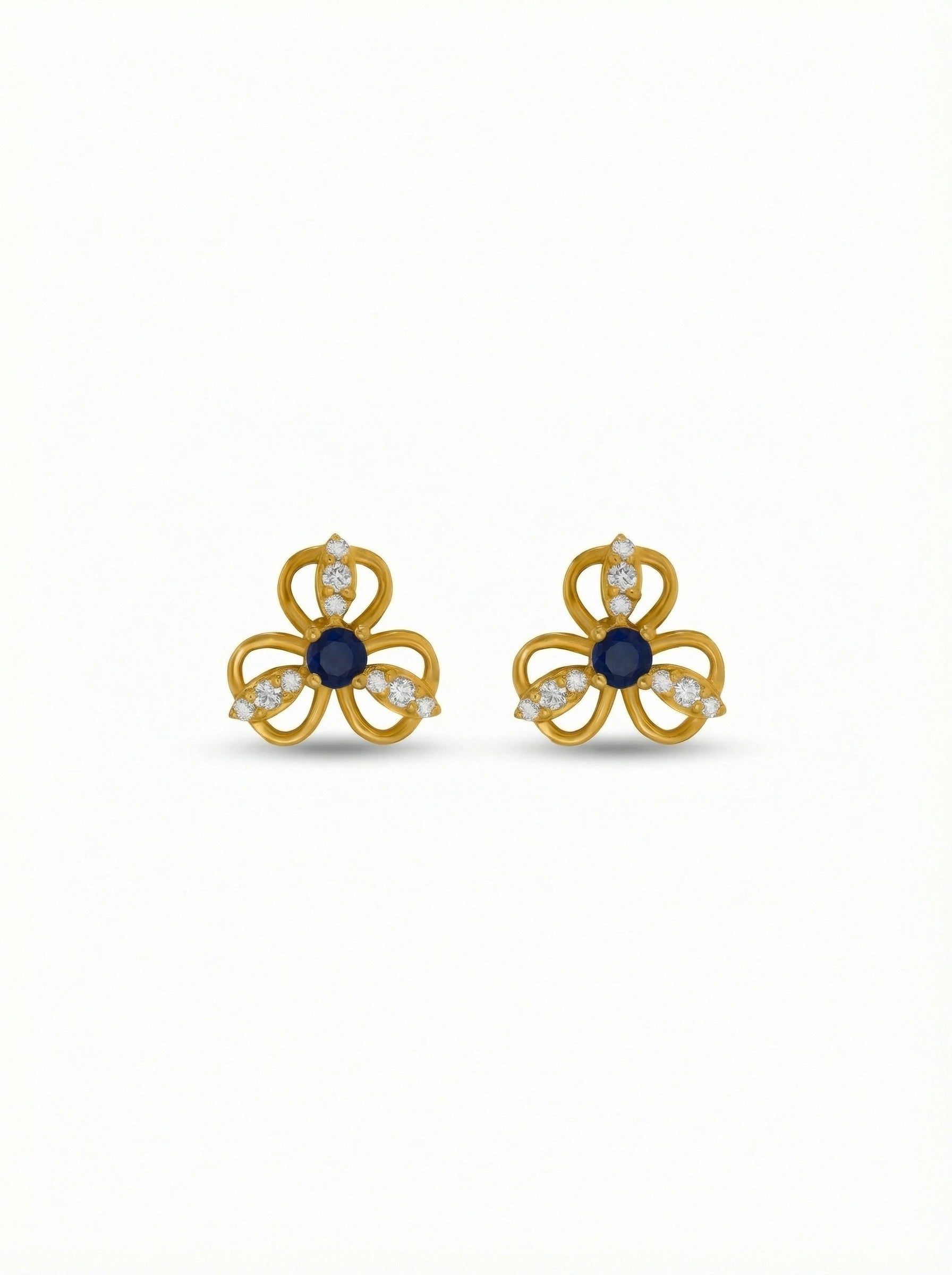 18k Gold plated flower-shaped earrings with blue centers on a white background