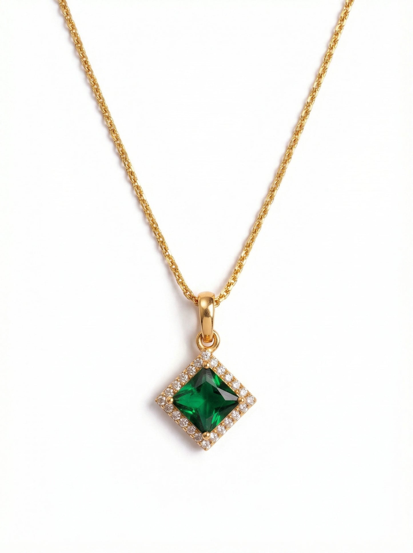 18k gold plated necklace with a green gemstone pendant on a white background