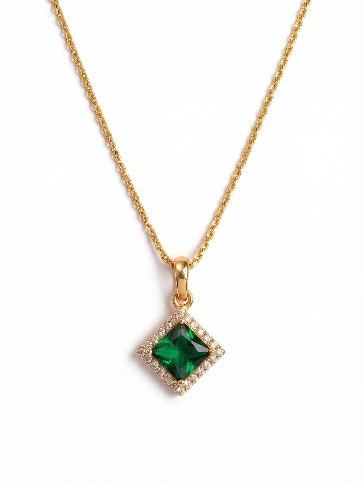 18k Gold plated necklace with a green gemstone pendant on a white background