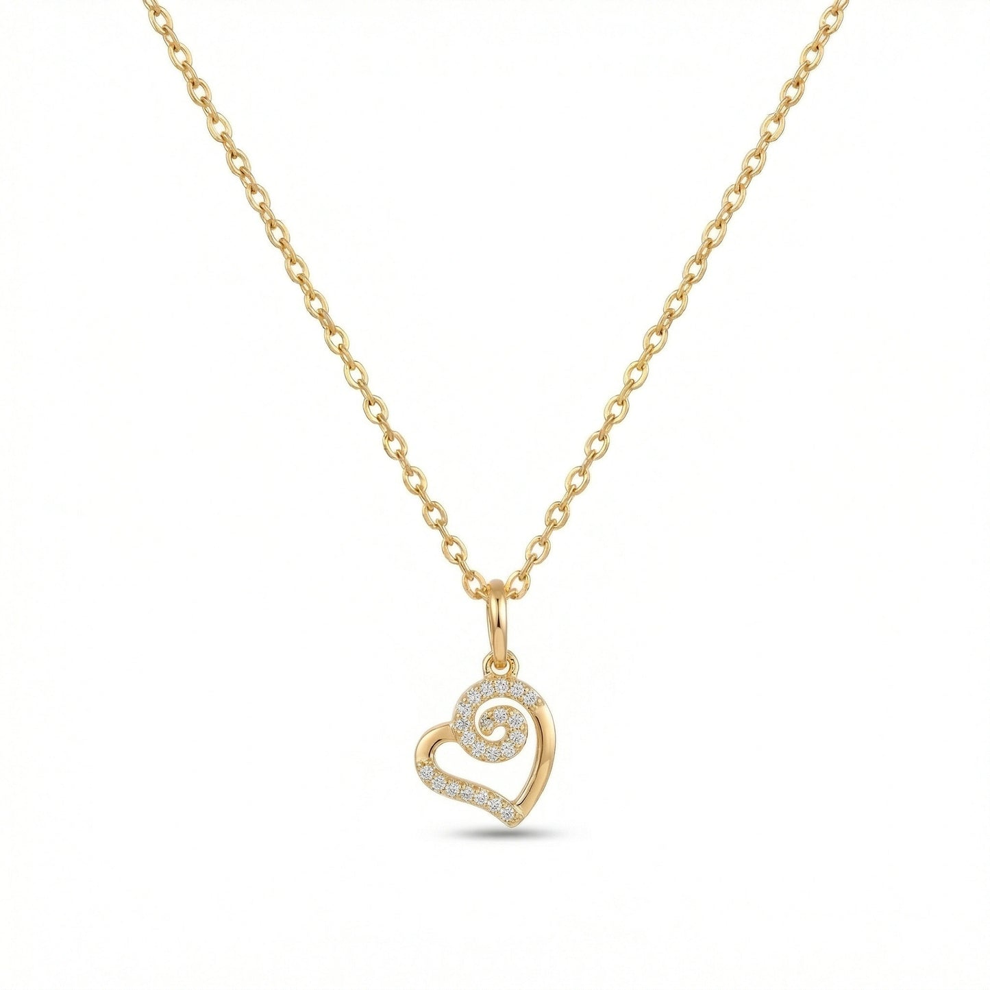 18k gold plated necklace with a heart-shaped pendant on a white background