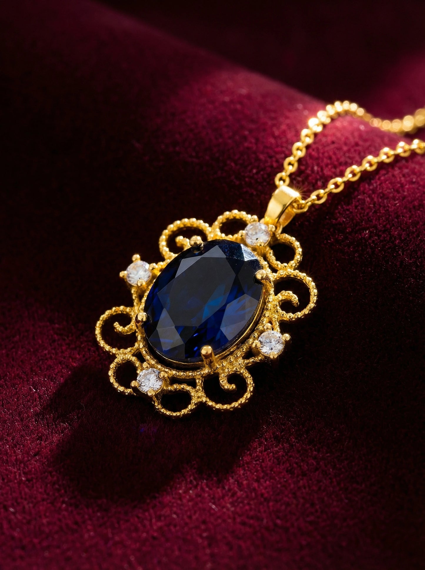 18k gold plated necklace with a blue gemstone pendant on a red fabric background
