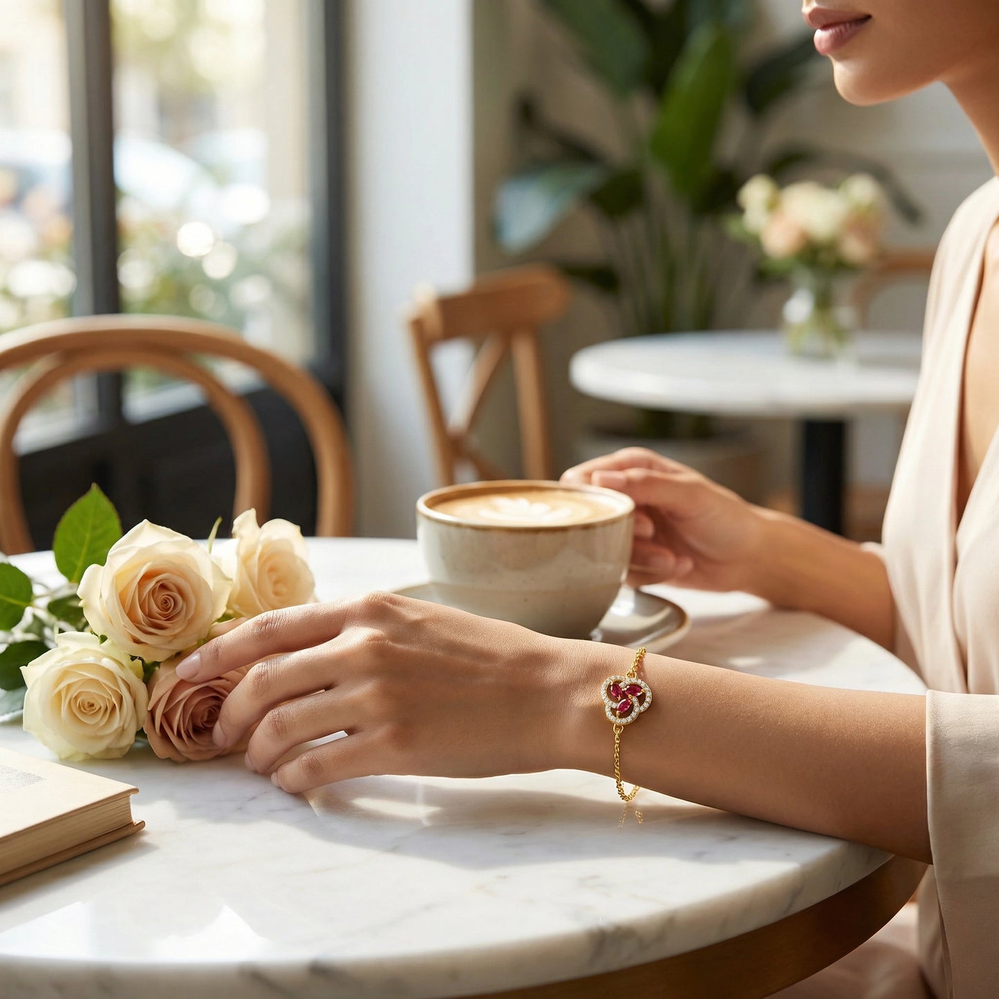 wear 18k gold plated bracelet person holding a cup of coffee with flowers on a table in a cafe.
