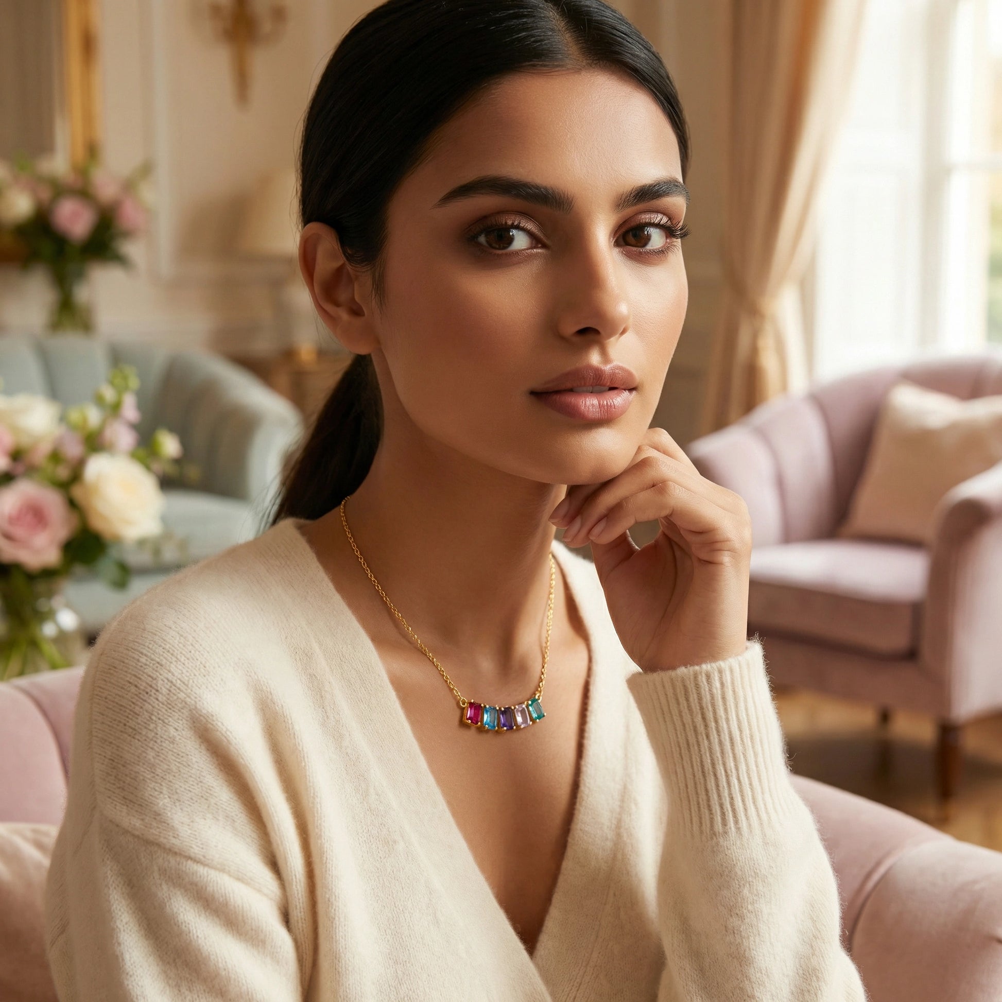Woman wearing 18k gold plated  a colorful necklace in a cozy living room setting