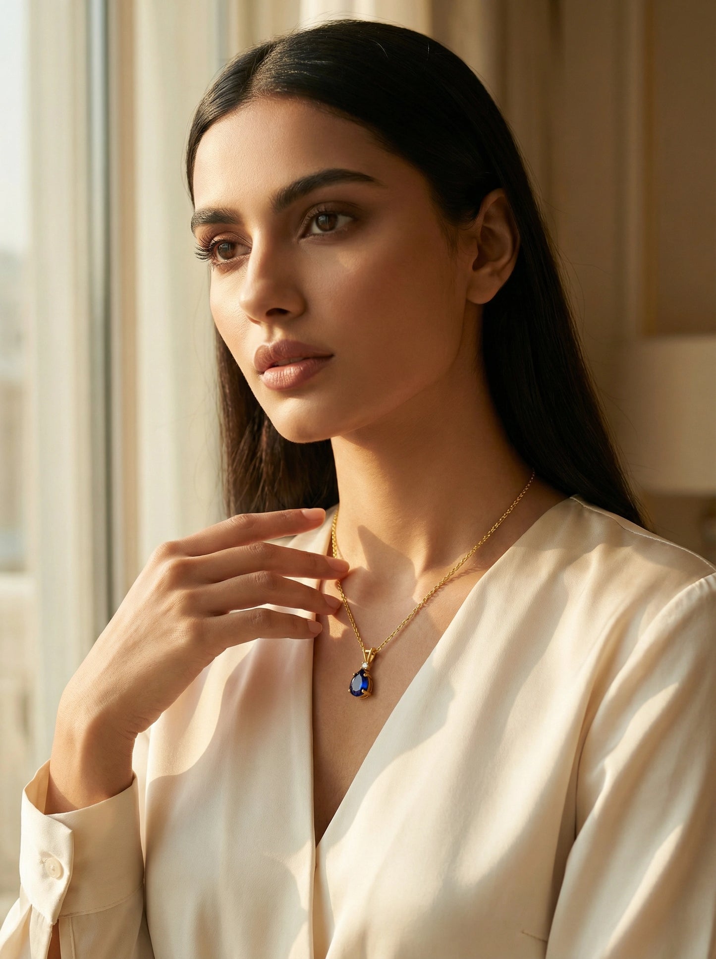 woman wearing a 18k gold plated necklace with a blue gemstone in a softly lit room.