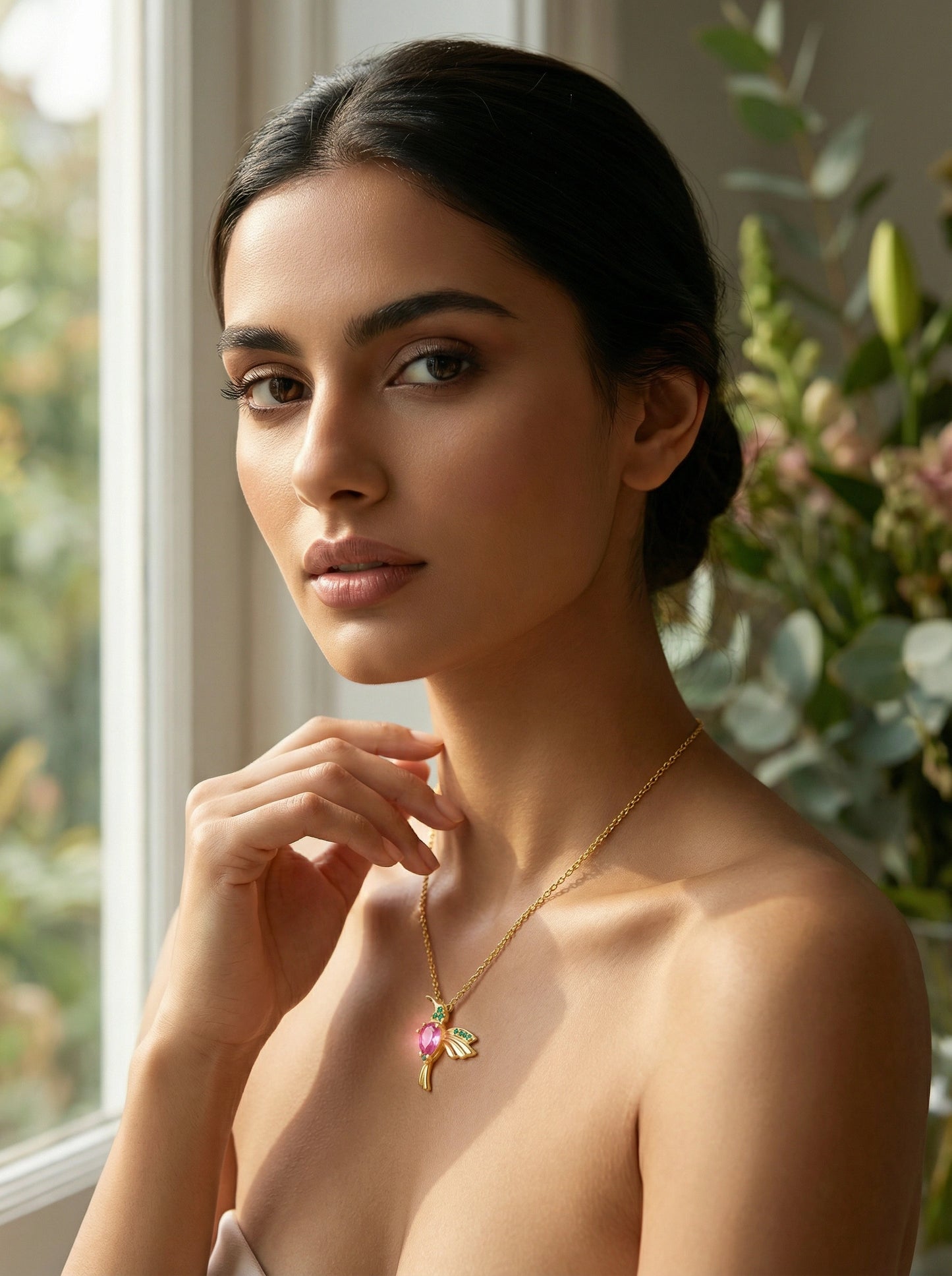 woman wearing a 18k  gold plated necklace with a pink pendant in a natural setting