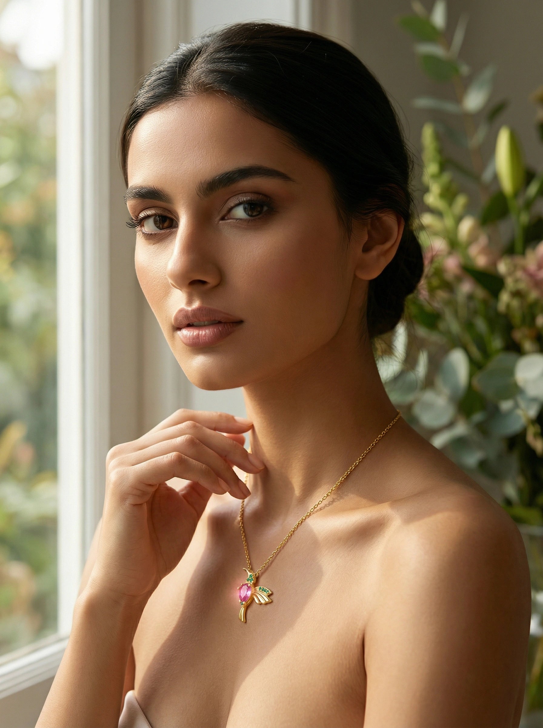 Woman wearing a 18k  gold plated necklace with a pink pendant in a natural setting