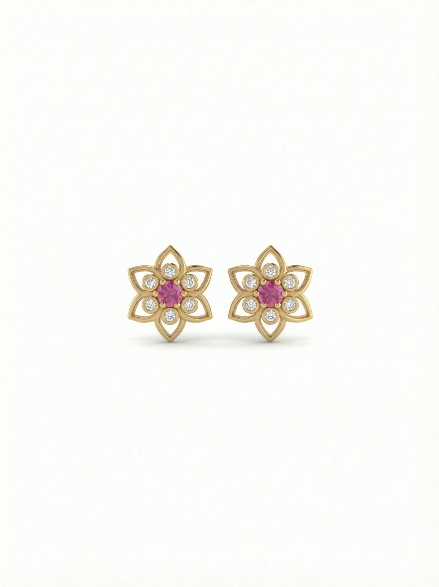 18k gold plated flower-shaped earrings with pink gemstones on a white background