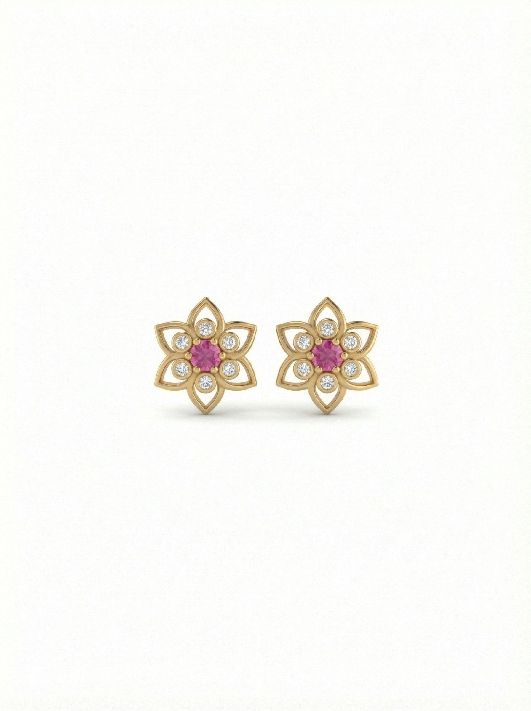 18k Gold plated flower-shaped earrings with pink gemstones on a white background