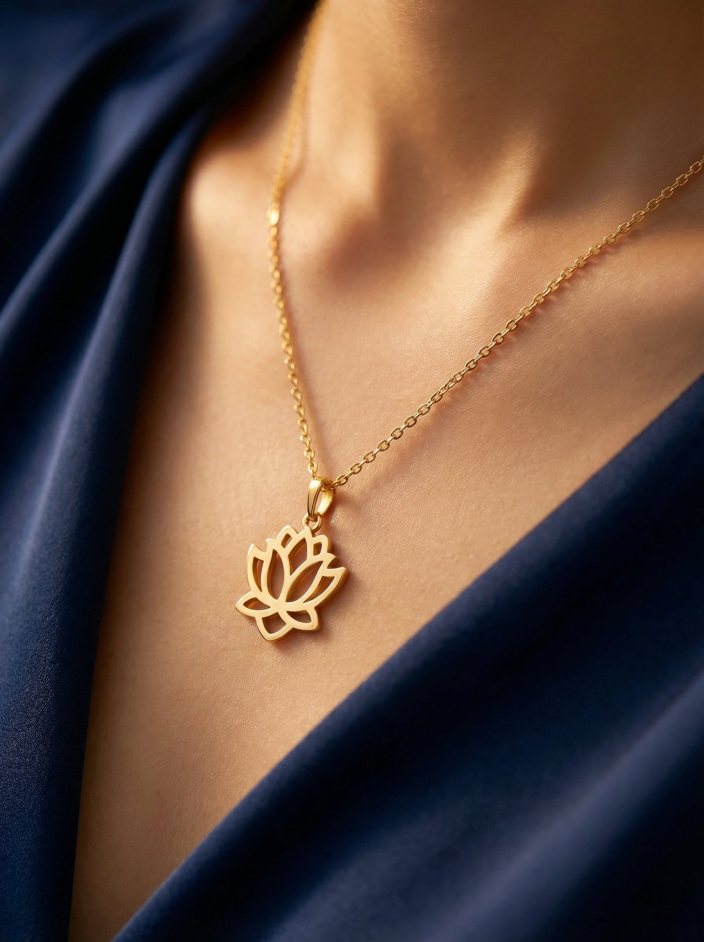 18k gold plated necklace with a lotus flower pendant on a person wearing a dark blue garment.