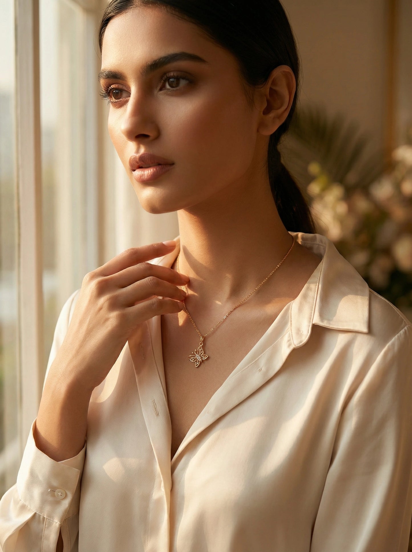 woman wearing 18k gold plated  necklace in a softly lit room with a window in the background